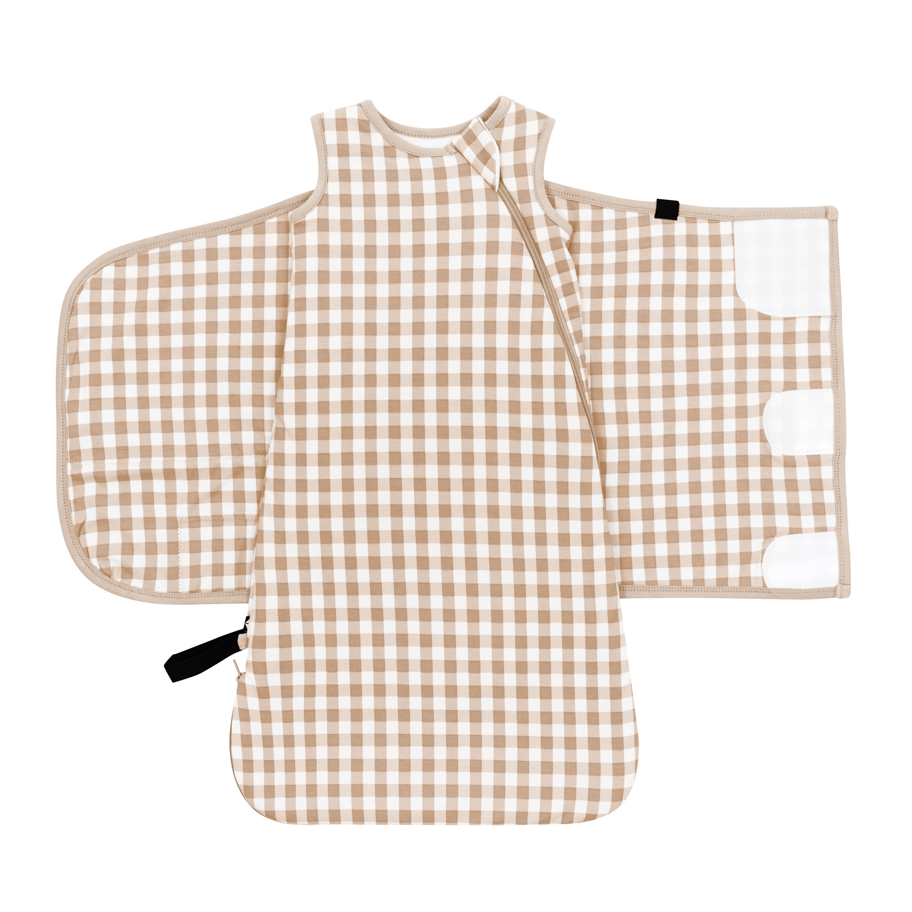 Sleep Bag and adjustable velcro shown on an unswaddled Sleep Bag Swaddler in Gingham Bisque 1.0