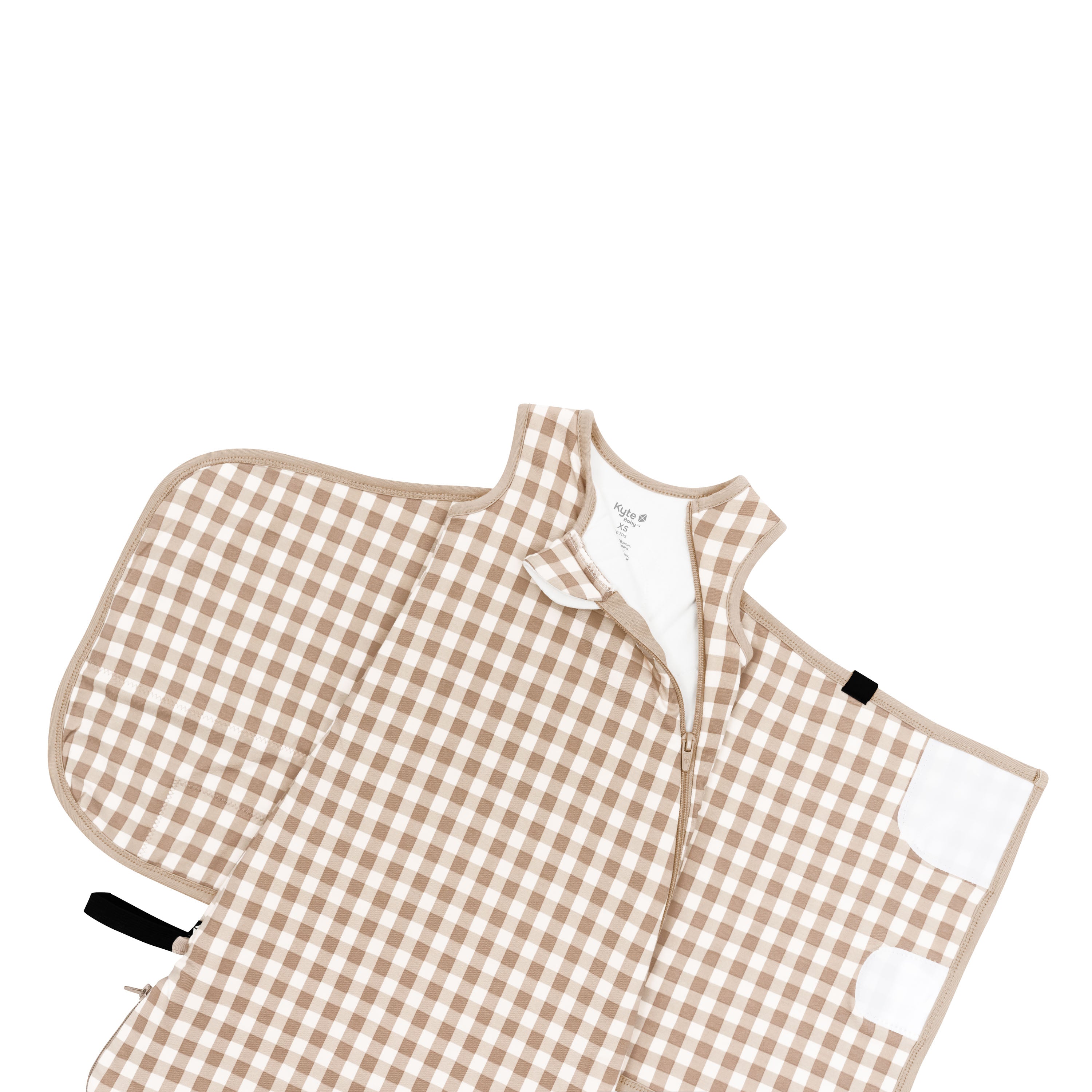 Zipper garage and top zipped unzipped on an unswaddled Sleep Bag Swaddler in Gingham Bisque 1.0