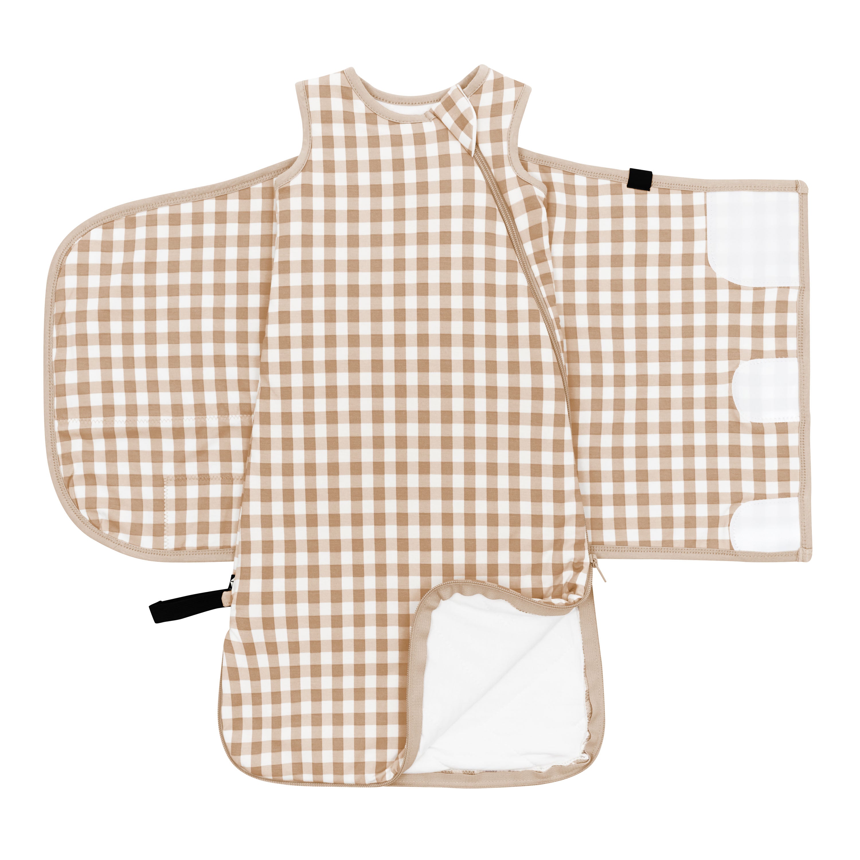 Double zipper shown on an unswaddled Sleep Bag Swaddler in Gingham Bisque 1.0