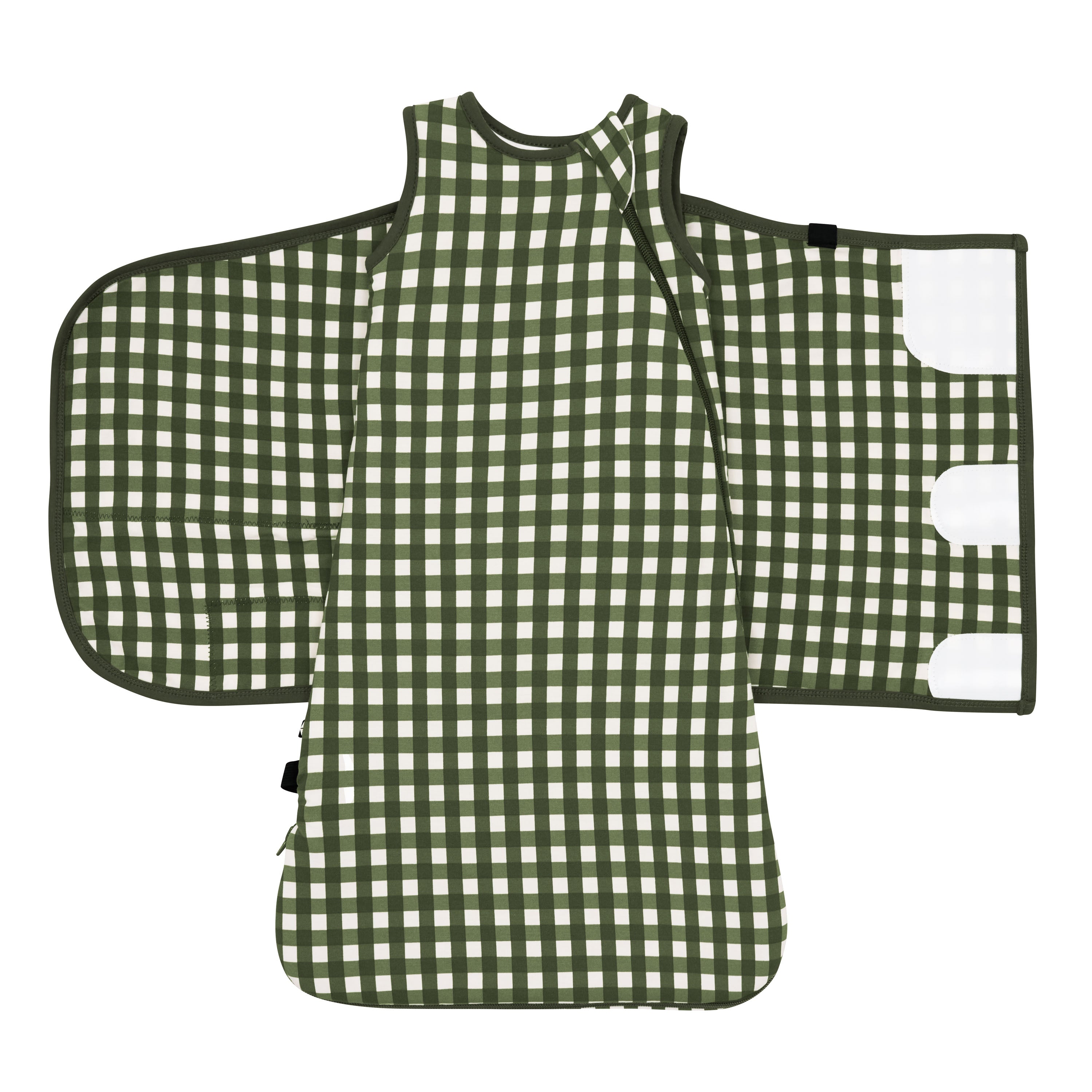 Sleep Bag and adjustable velcro shown on an unswadled Sleep Bag Swaddler in Gingham Fir 1.0