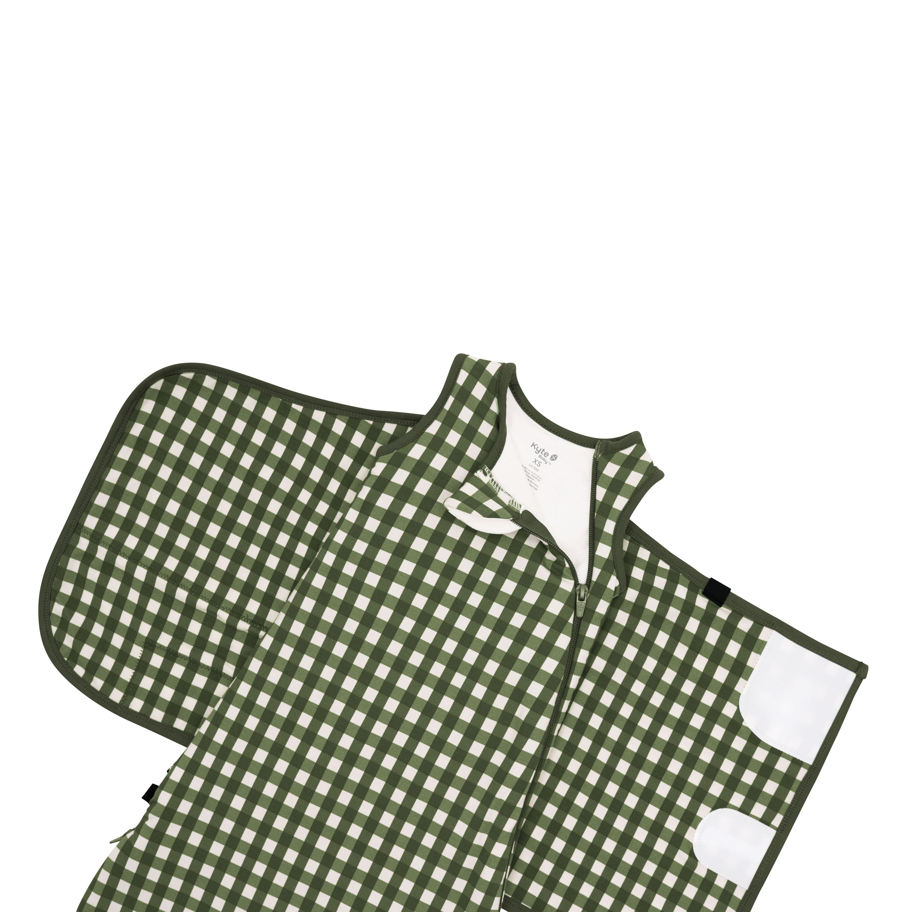 Zipper garage and top zipper shown on an unswaddled Sleep Bag Swaddler in Gingham Fir 1.0
