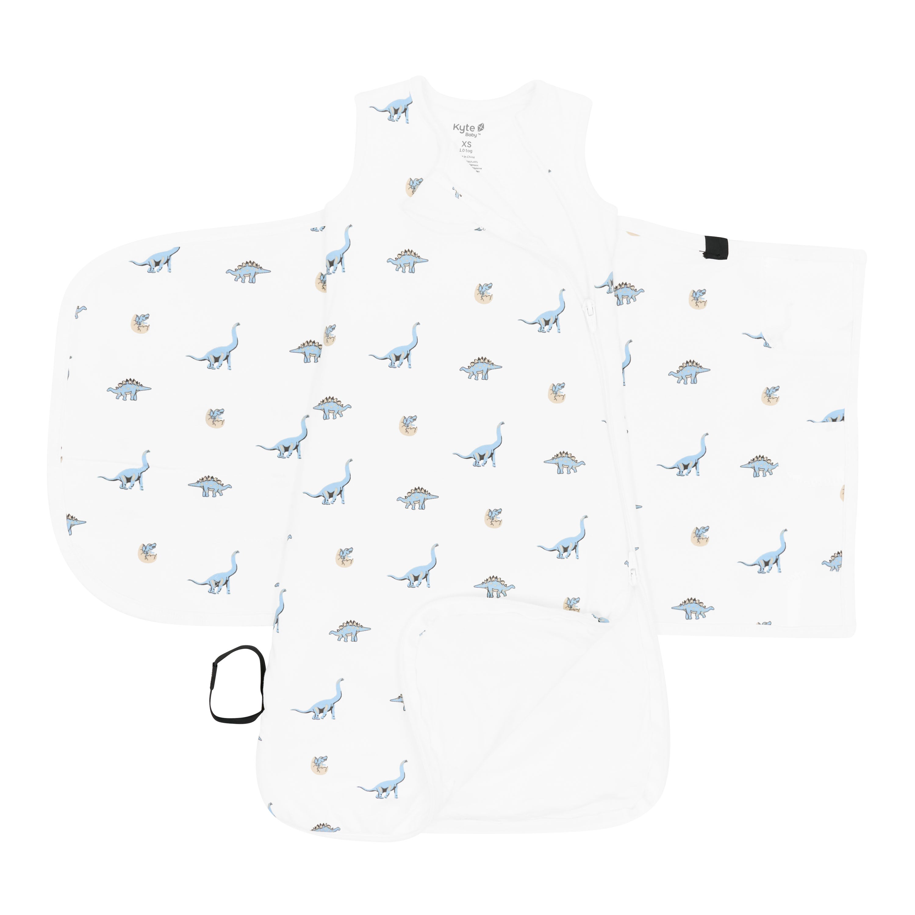 Double zipper shown on the top and bottom zipper track on an unswaddled Sleep Bag Swaddler in Jurassic 1.0