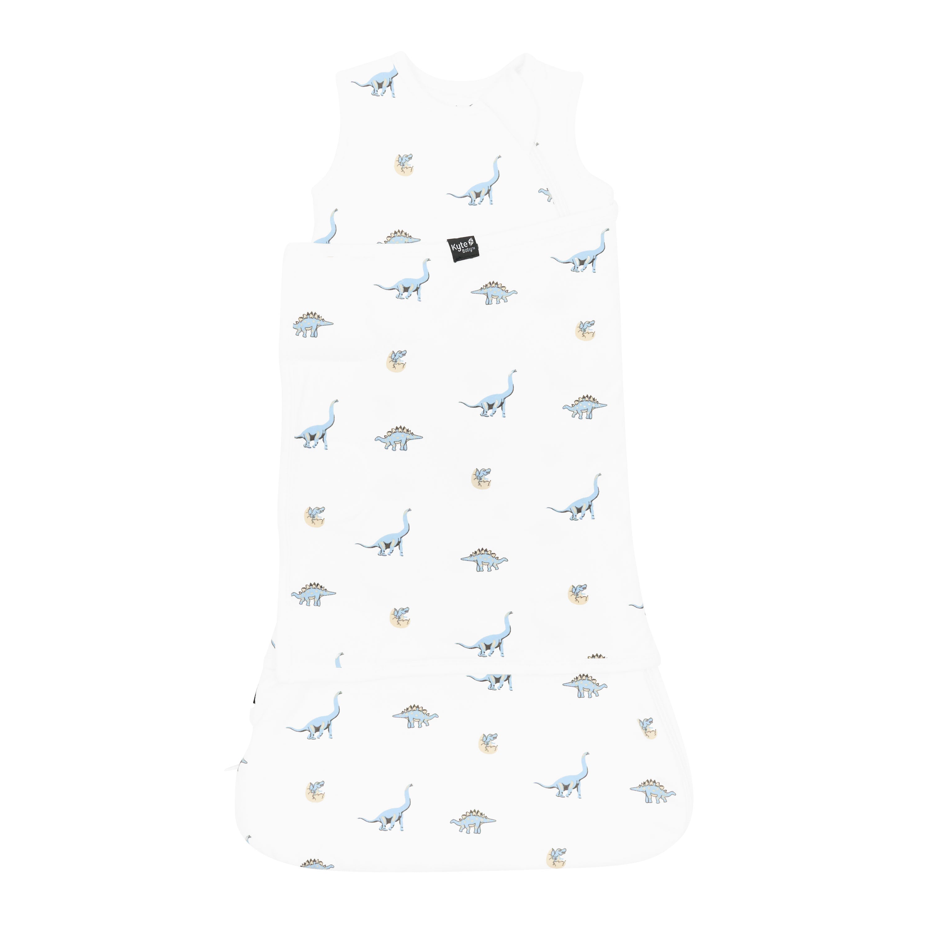 Sleep Bag Swaddler in Jurassic 1.0 shown swaddled with the Black Kyte baby tag visible