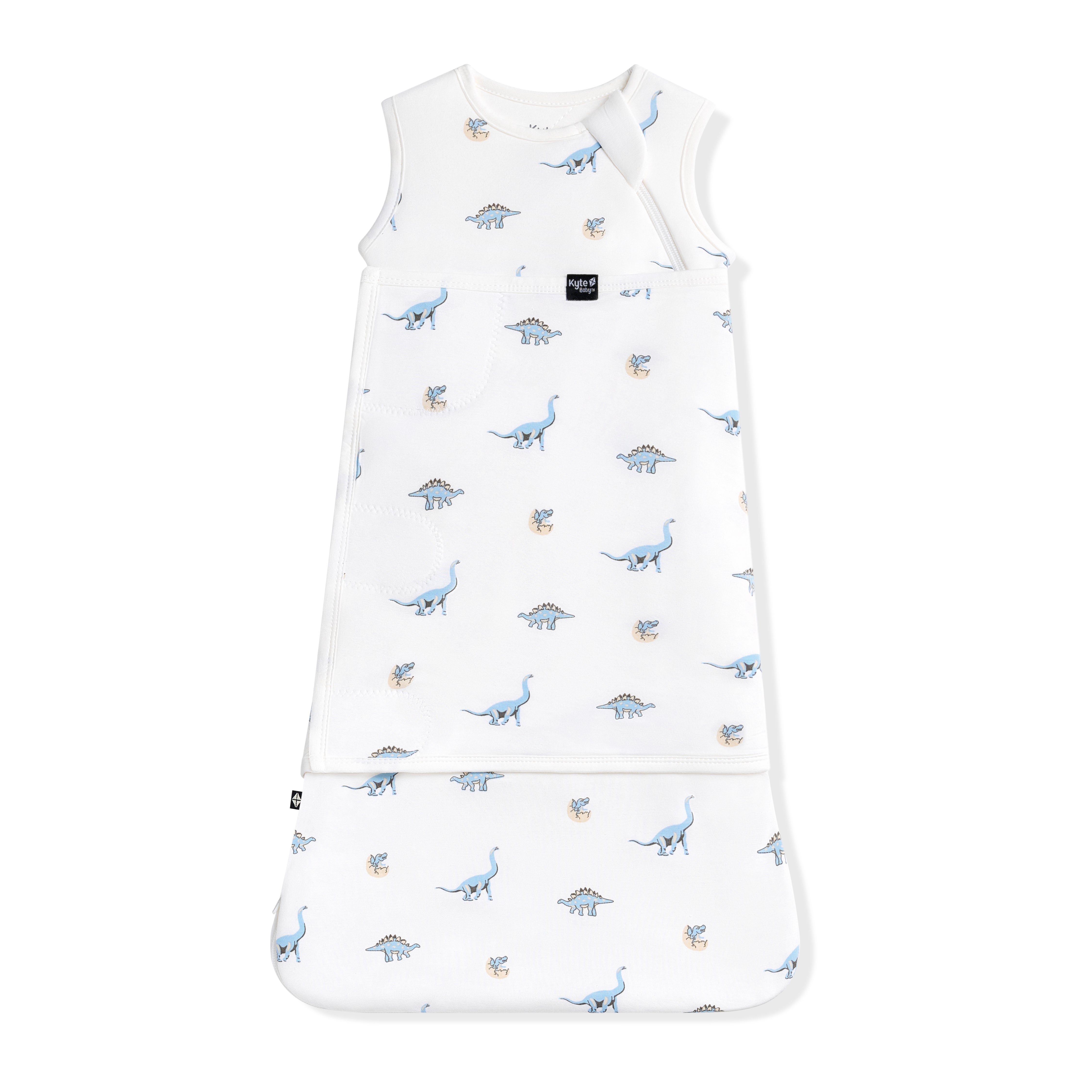 Sleep Bag Swaddler in Jurassic 1.0 shown swaddled