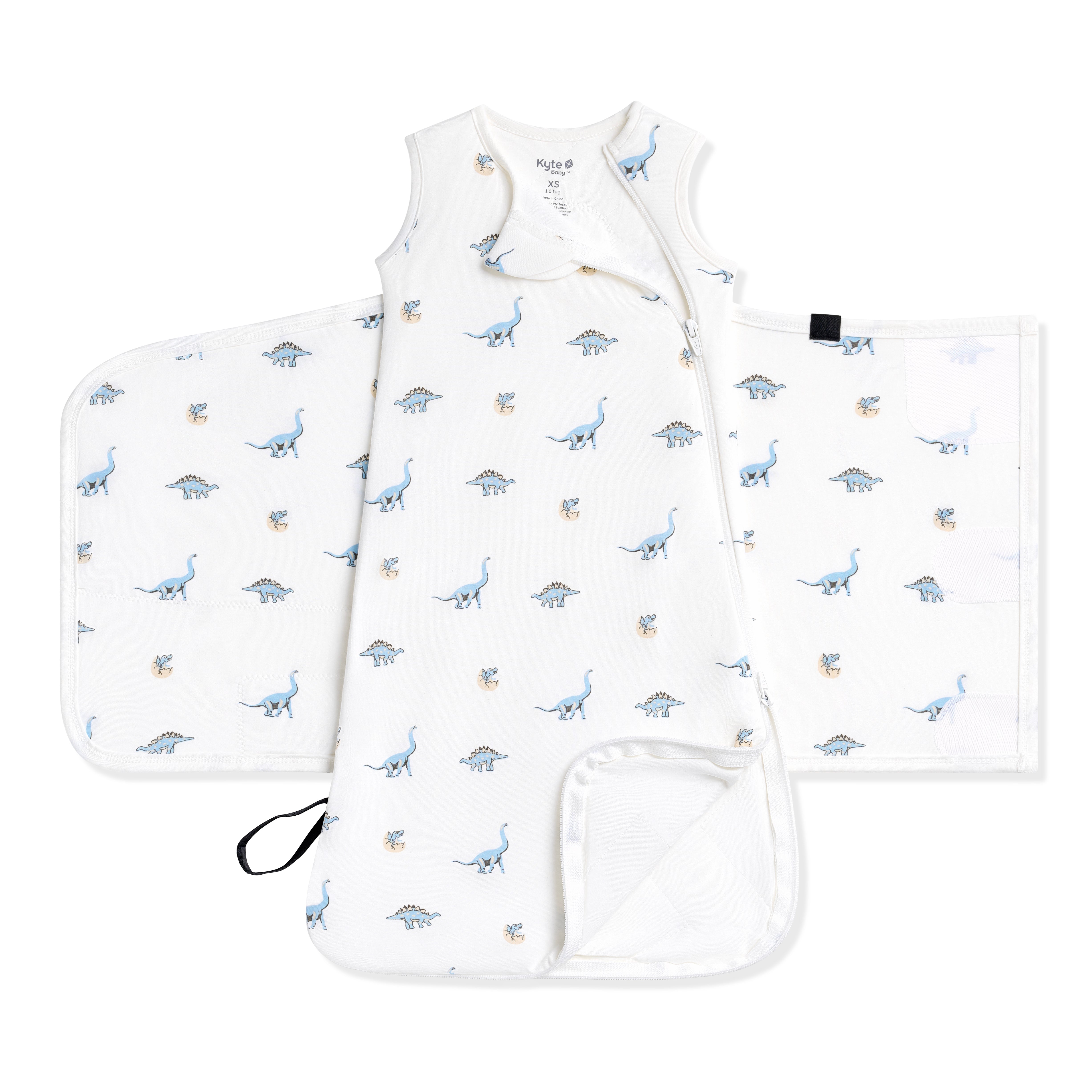 Double zipper and zipper garage shown on an unswaddled Sleep Bag Swaddler in Jurassic 1.0