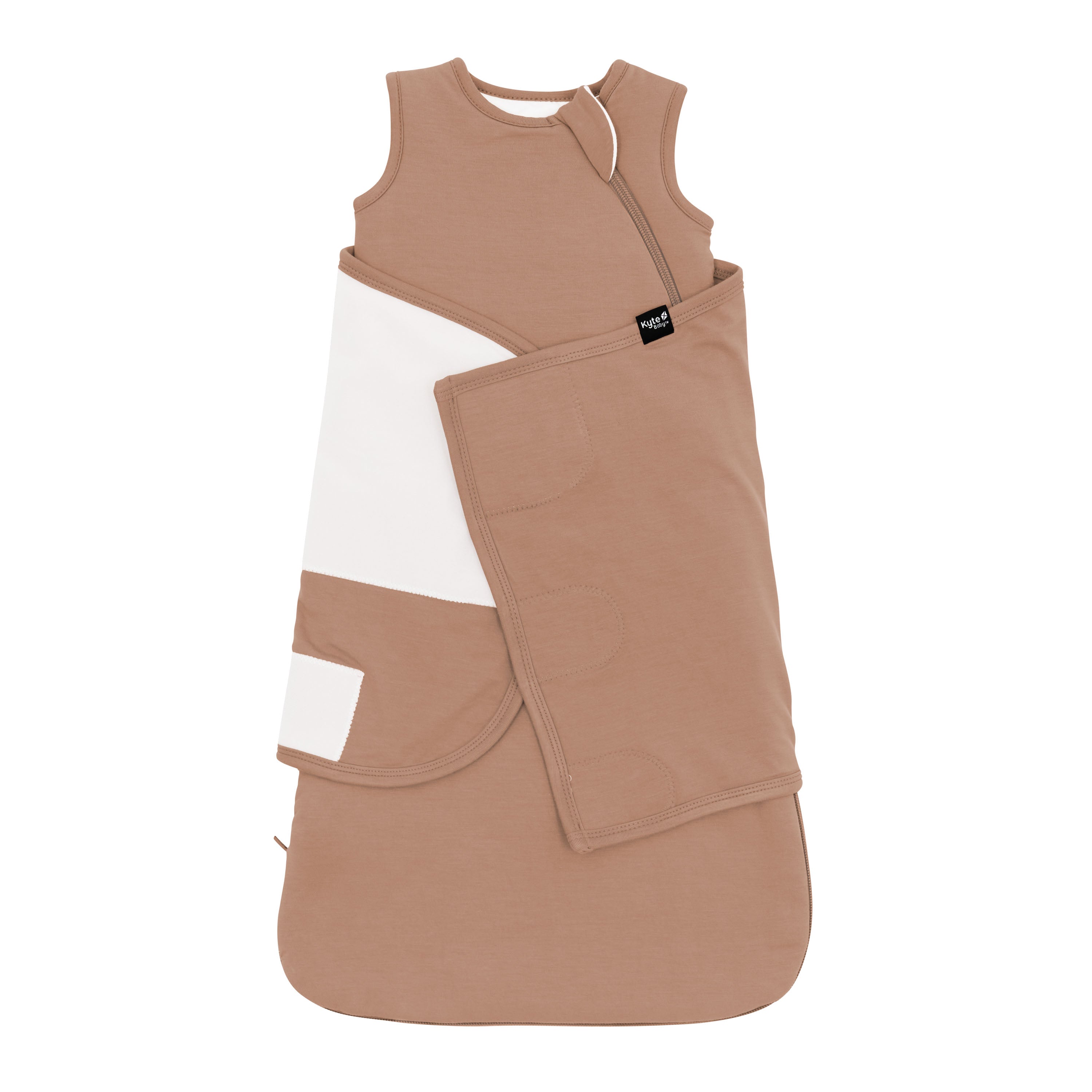 Sleep Bag Swaddler in Latte 1.0 shown swaddled