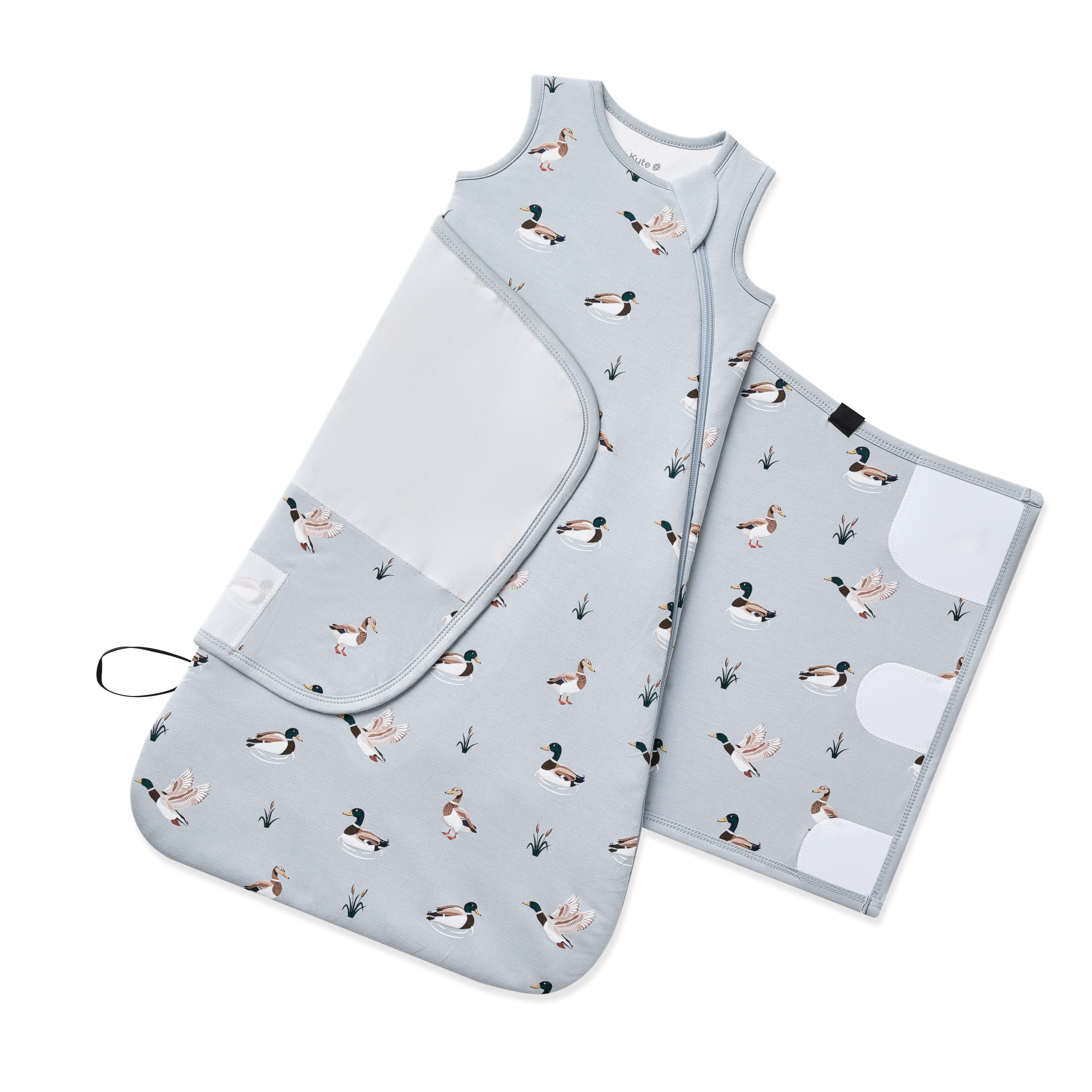 Adjustable swaddle wrap shown on a Sleep Bag Swaddler in Mallard Duck 1.0