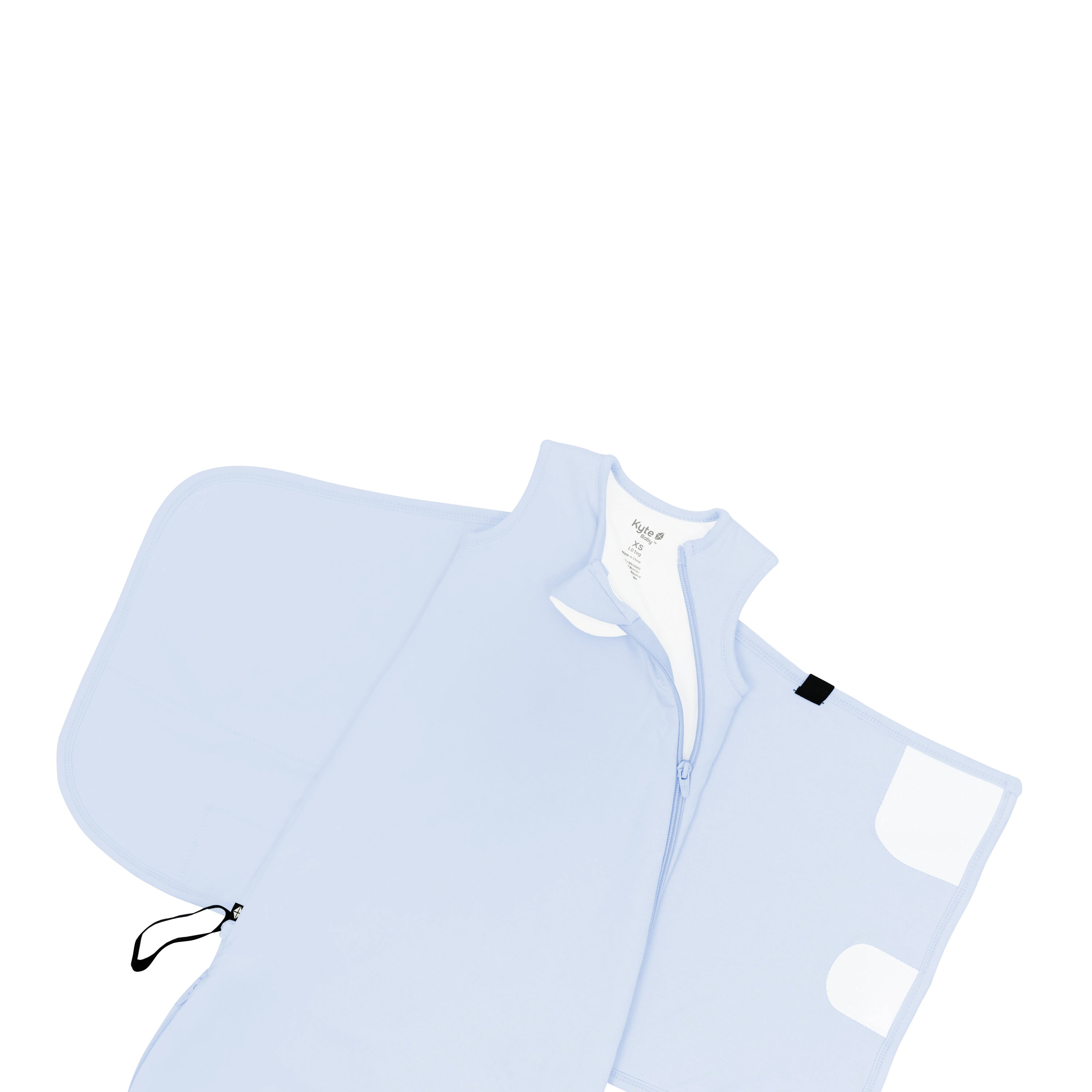 Zipper garage and top zipper shown on the Sleep Bag Swaddler in Mist 1.0