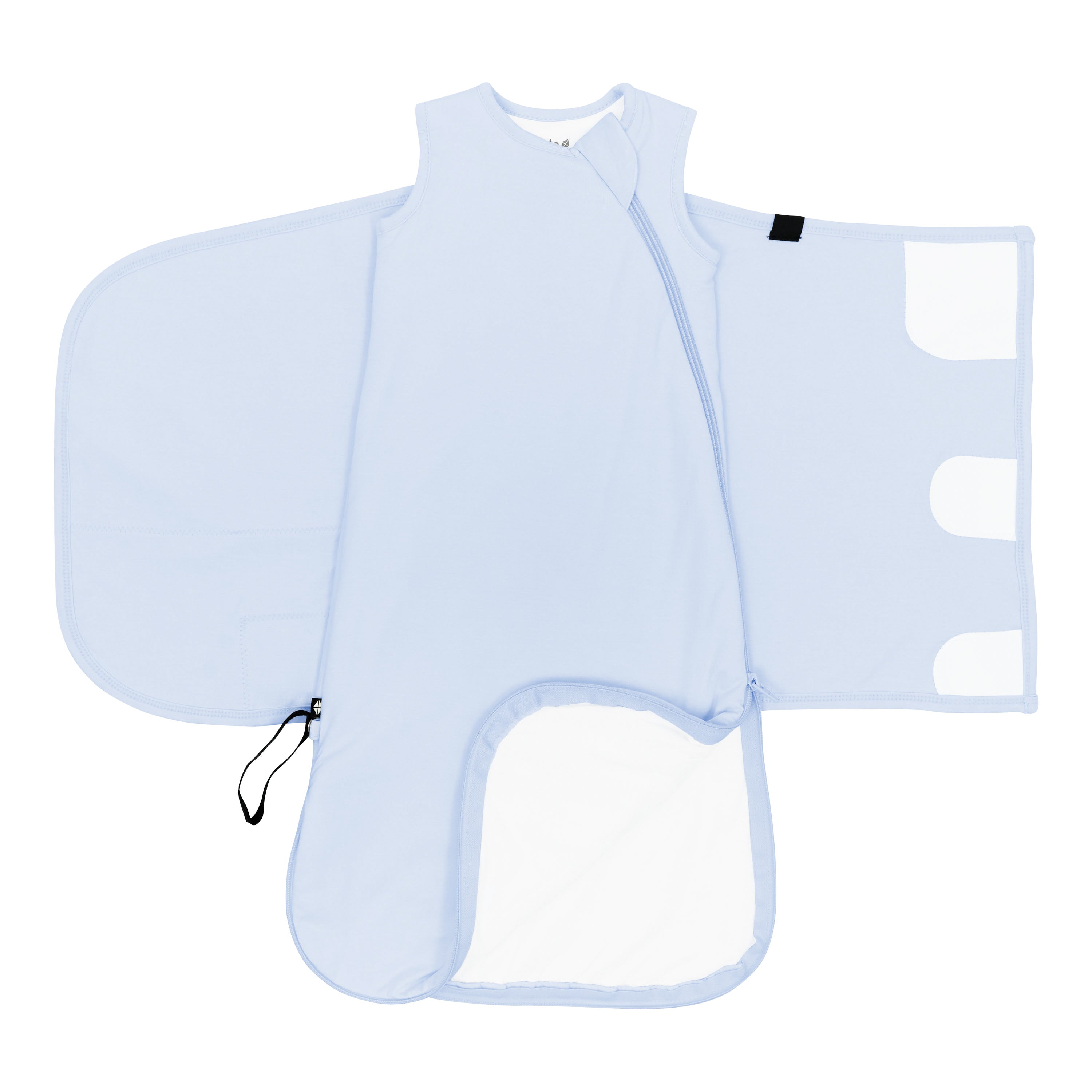The dual zipper shown on an unswaddled Sleep Bag Swaddler in Mist 1.0