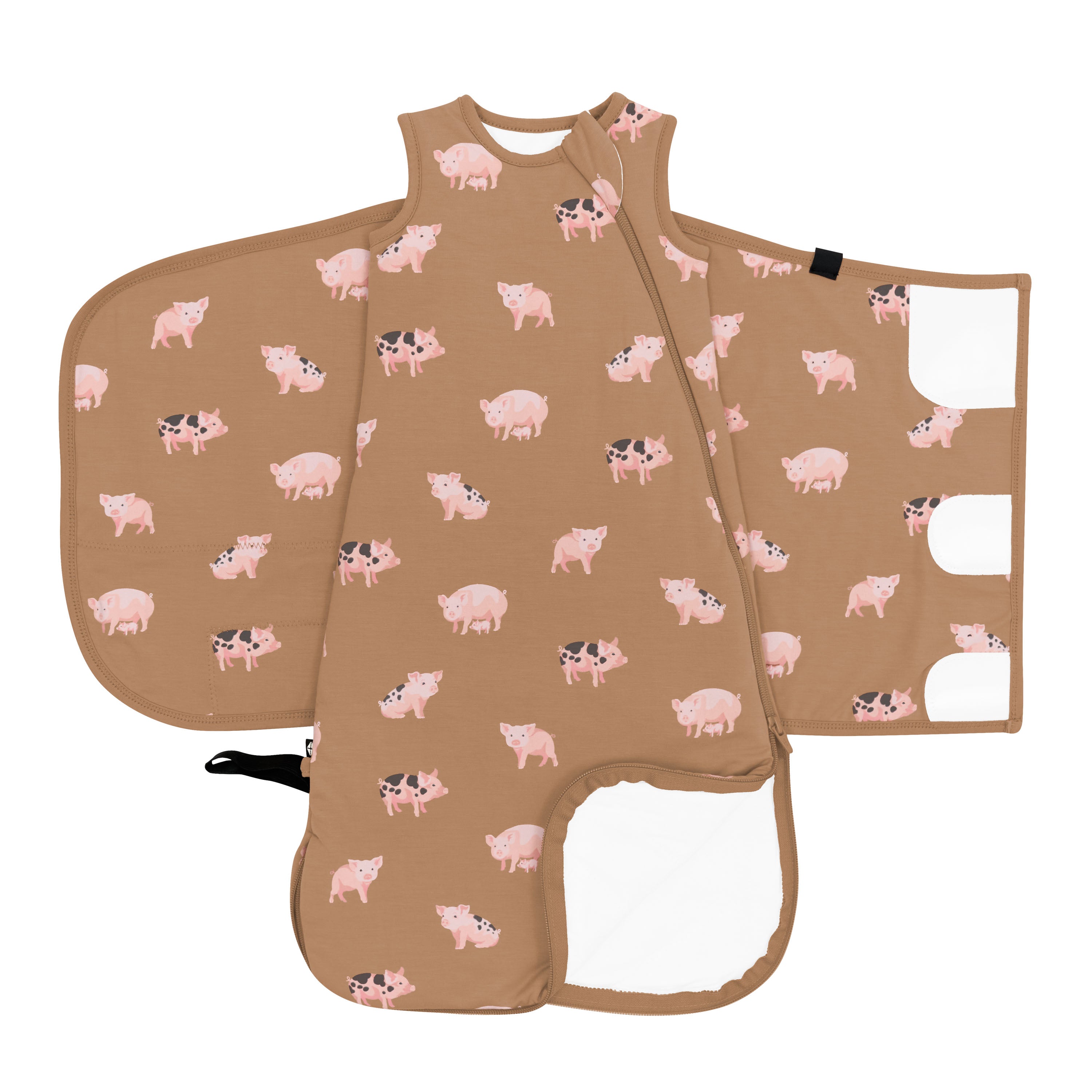 Adjustable velcro and double zipper system shown on the Sleep Bag Swaddler in Pig 1.0