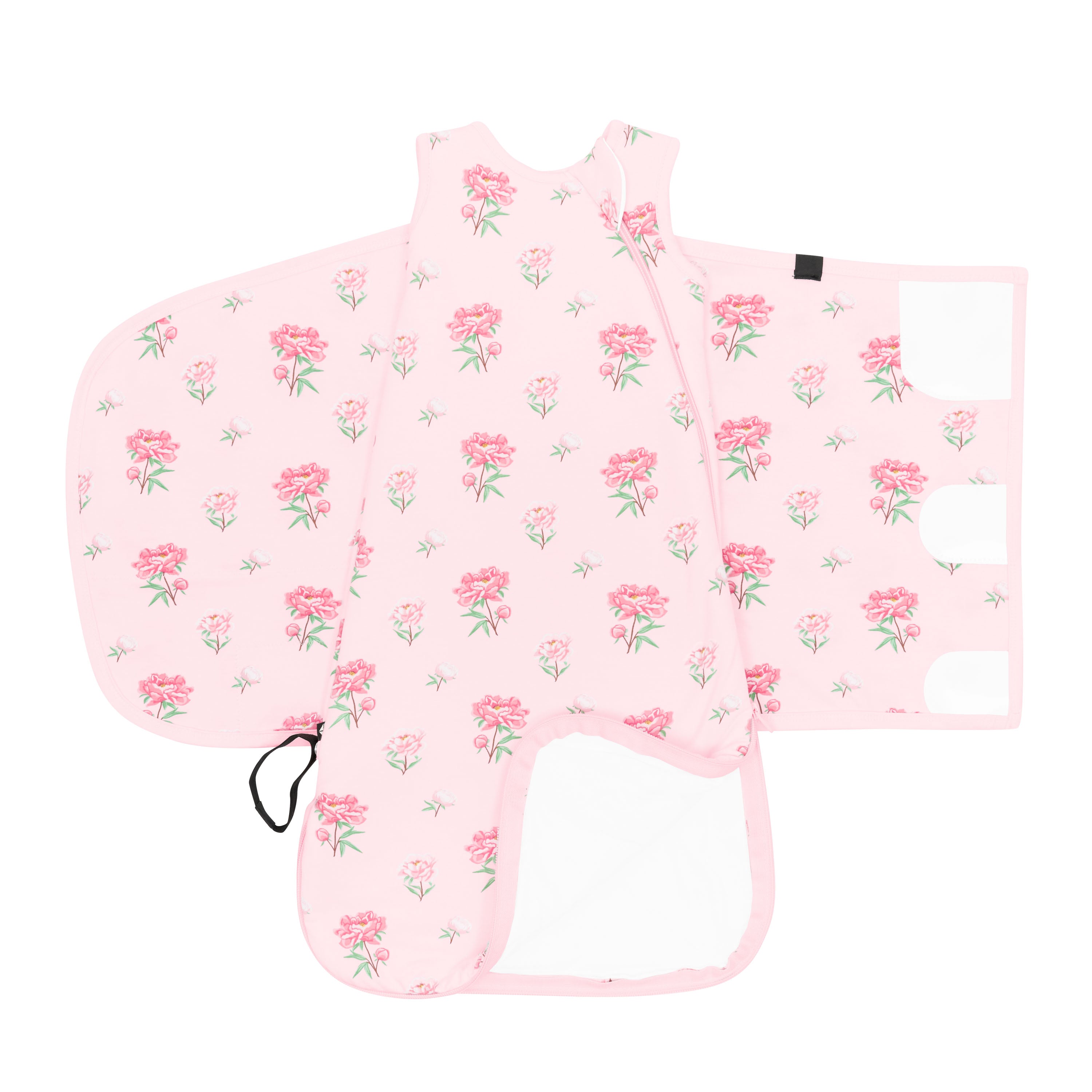 Double zipper and adjustable velcro shown on an unswaddled Sleep Bag Swaddler in Sakura Peony 1.0
