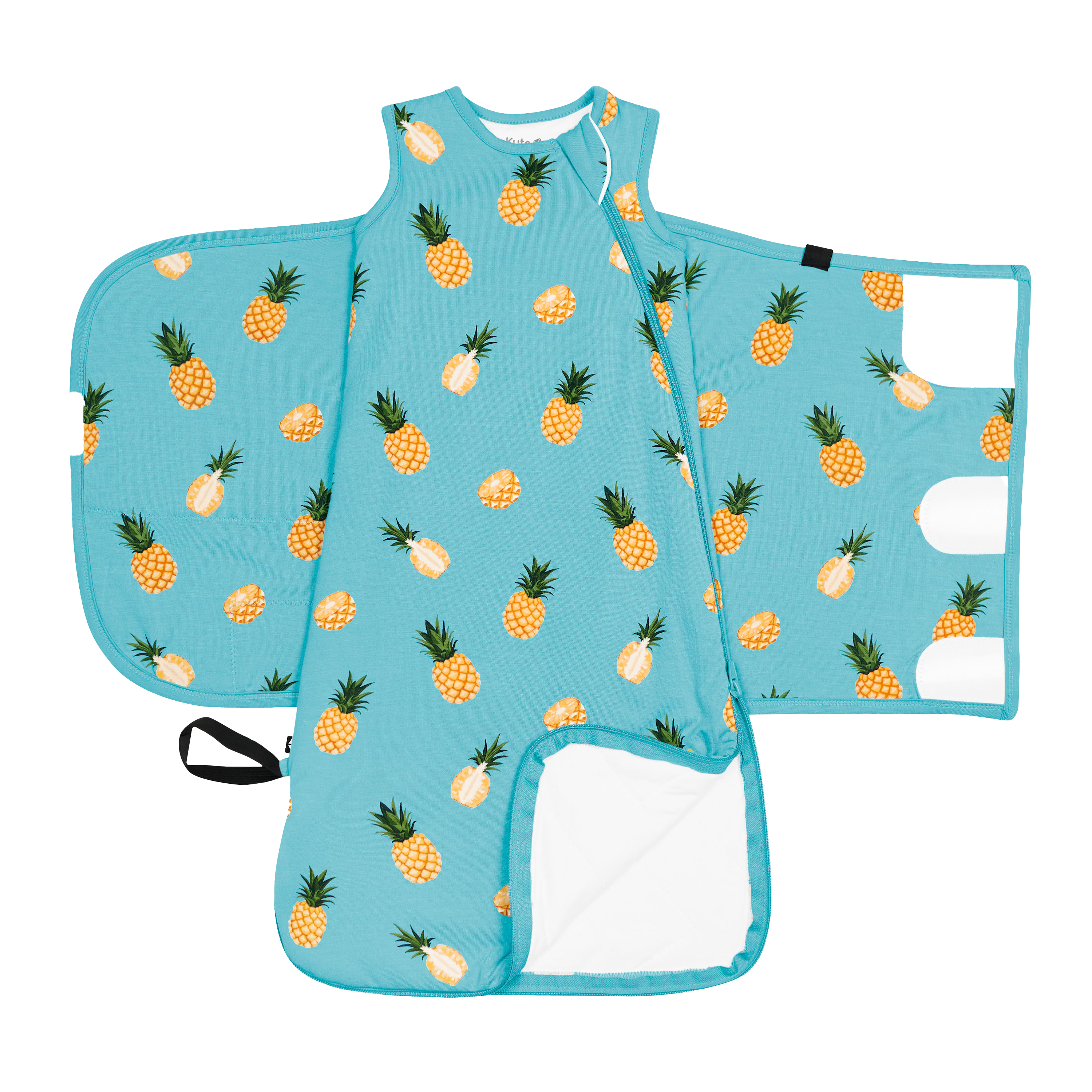 Sleep Bag Swaddler in Pineapple 1.0 shown unzipped and unswaddled