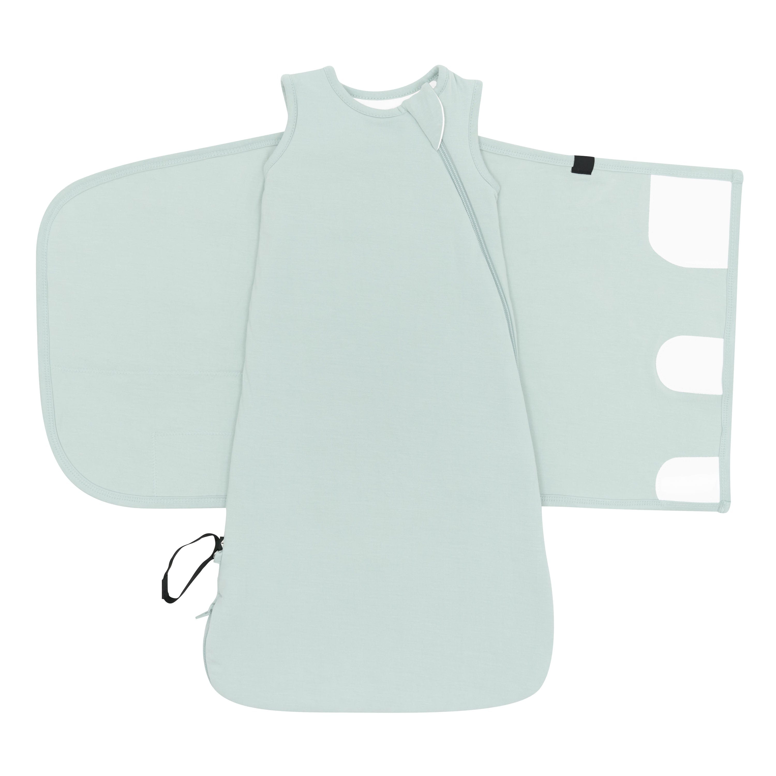 Sleep Bag Swaddler in Sage 1.0 shown unswaddled with the velcro closures visible