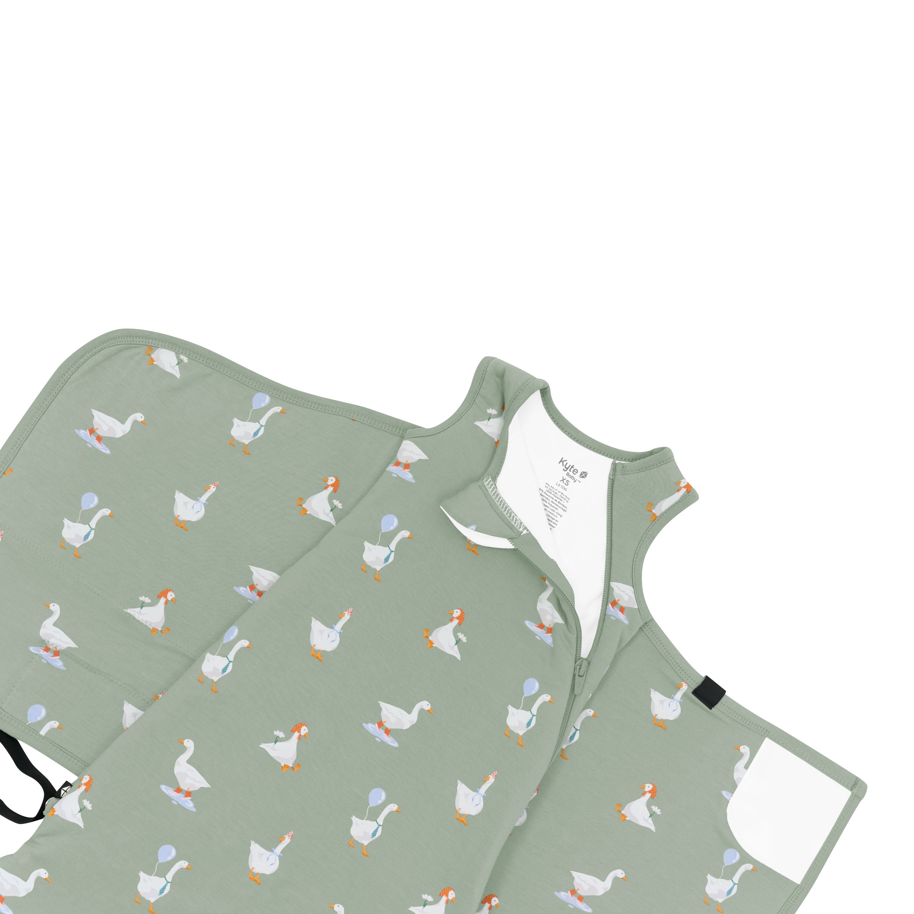 Close up of the zipper garage and top zipper shown on an unswaddled Sleep Bag Swaddler in Silly Goose 1.0