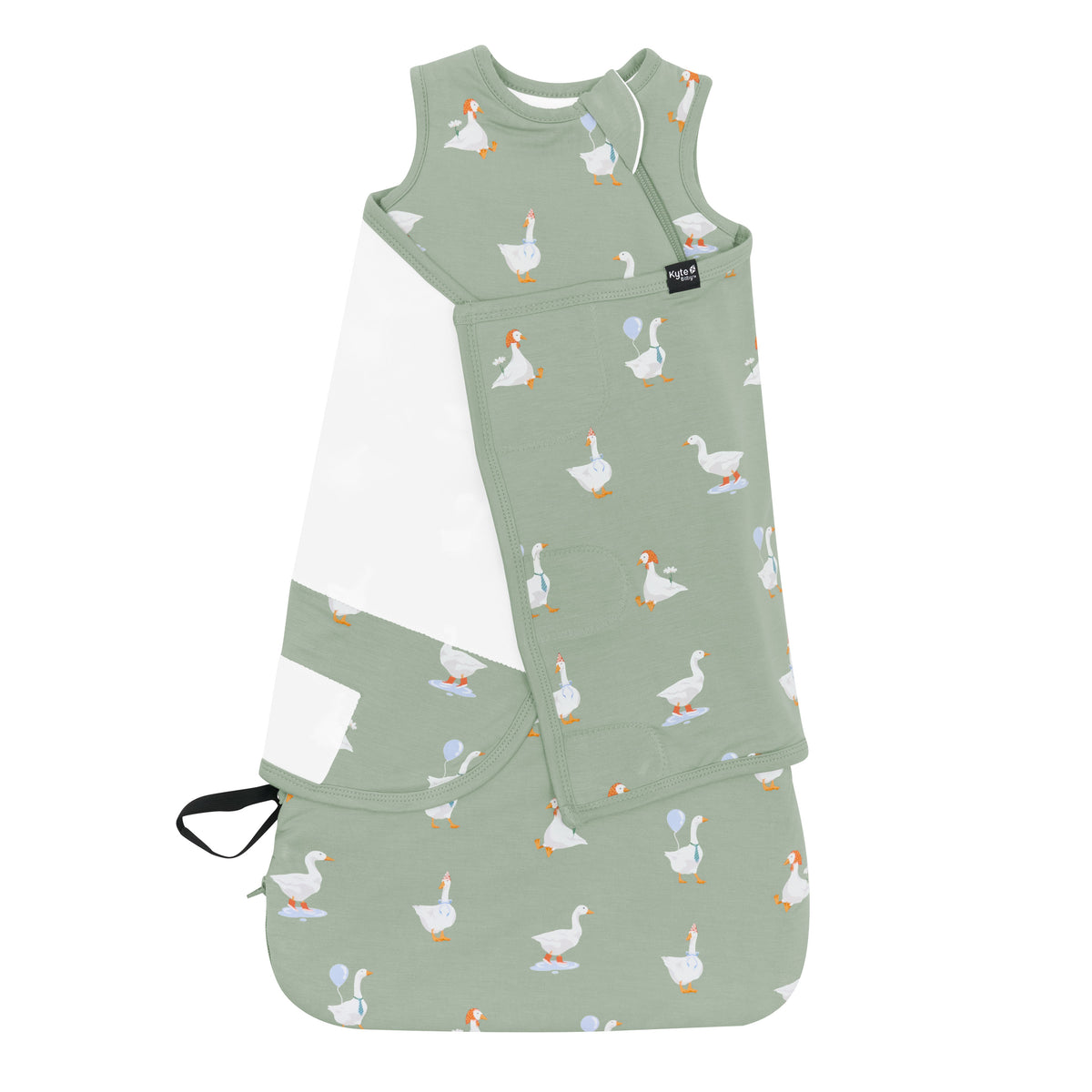 Product photo of the Sleep Bag Swaddler in Silly Goose 1.0 shown swaddled