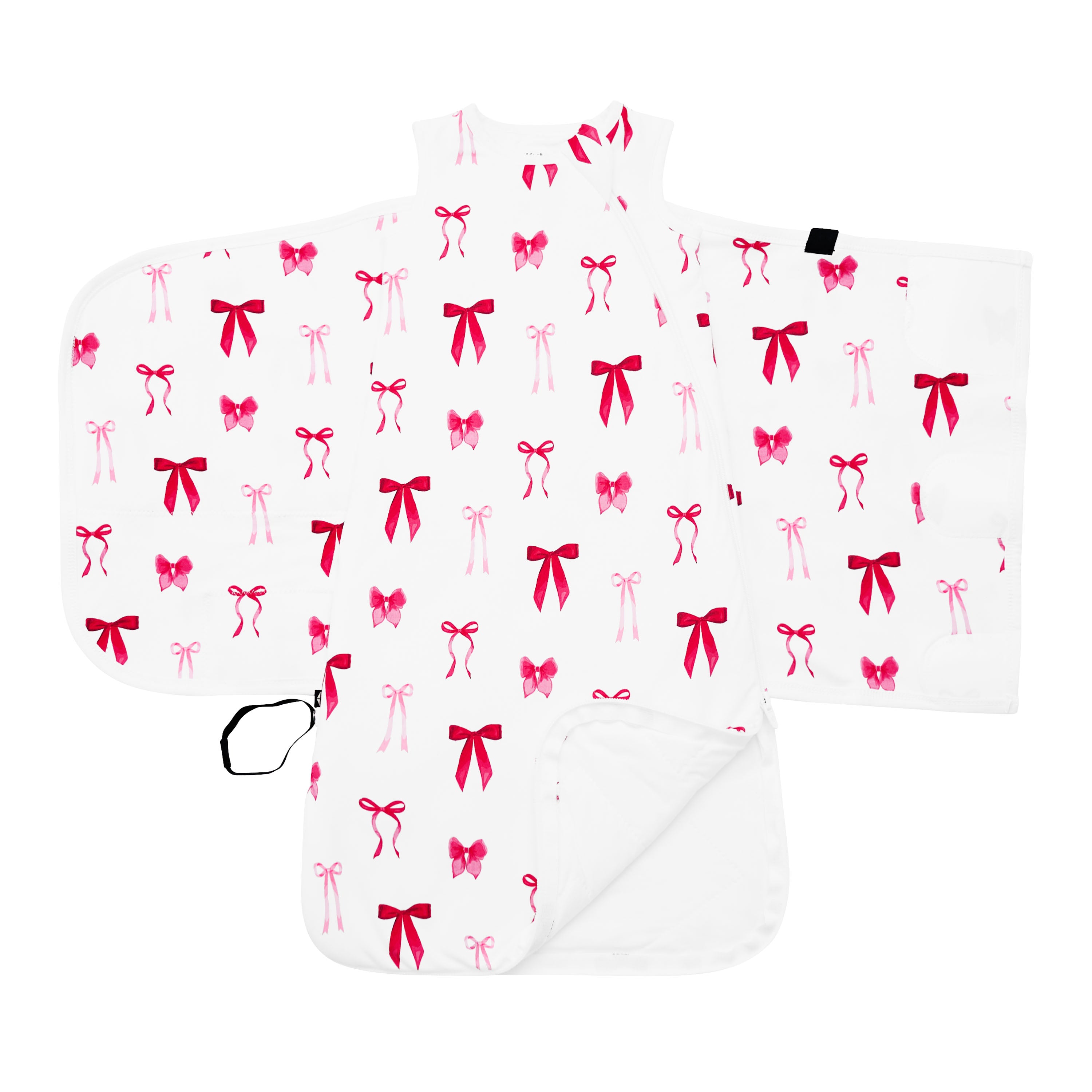 An unswaddled Sleep Bag Swaddler in Small Love Bow 1.0 showing the double zipper and adjustable velcro wrap