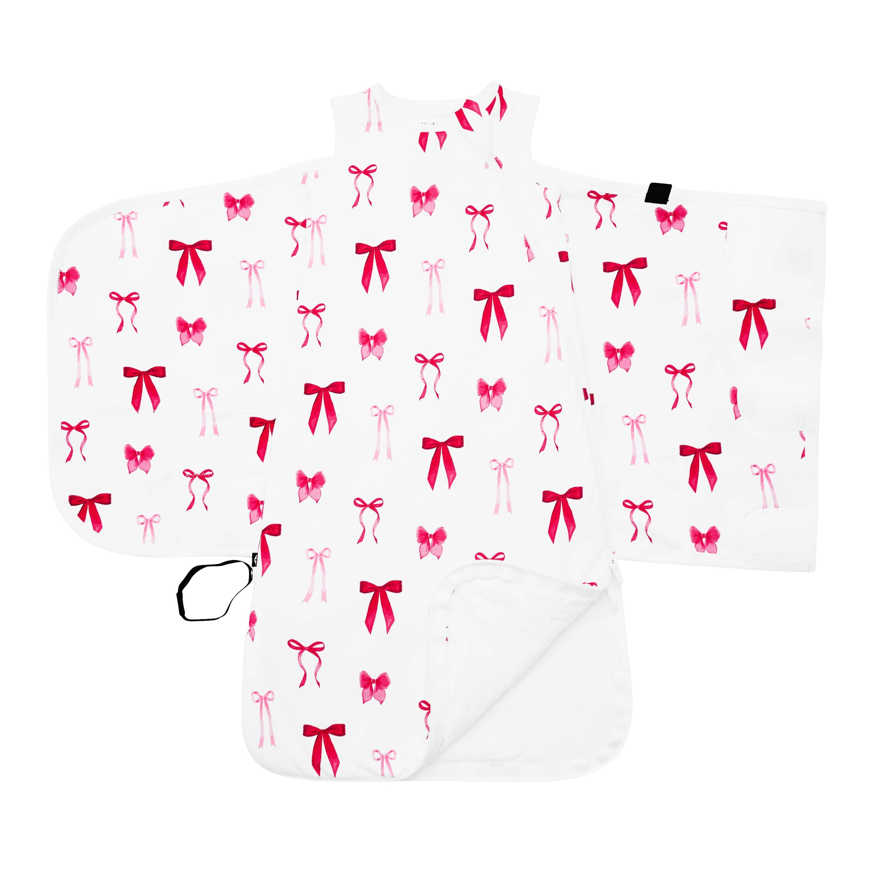 An unswaddled Sleep Bag Swaddler in Small Love Bow 1.0 showing the double zipper and adjustable velcro wrap