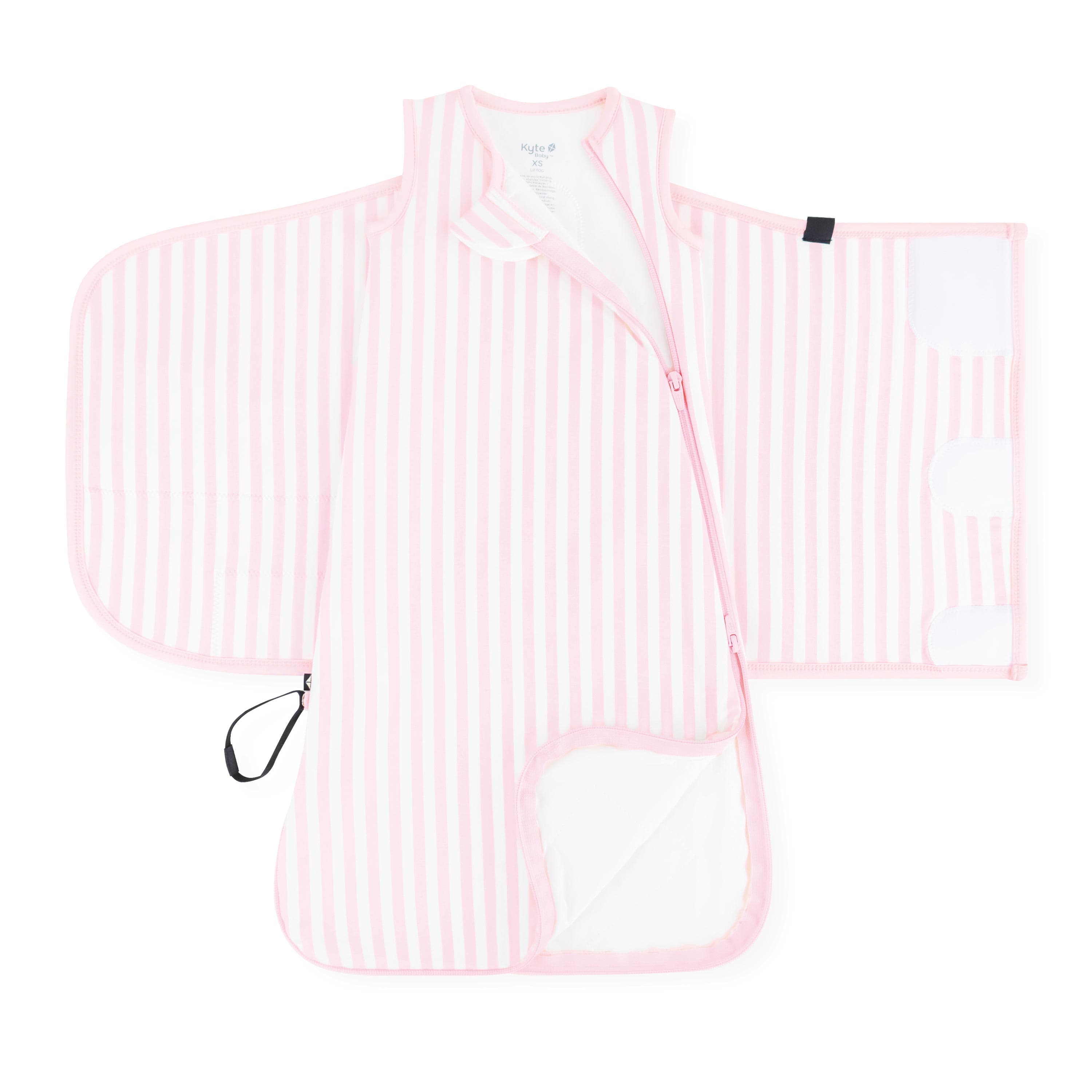 Adjustable velcro wrap and double zipper system shown on a unswaddled Sleep Bag Swaddler in Small Sakura Stripe 1.0
