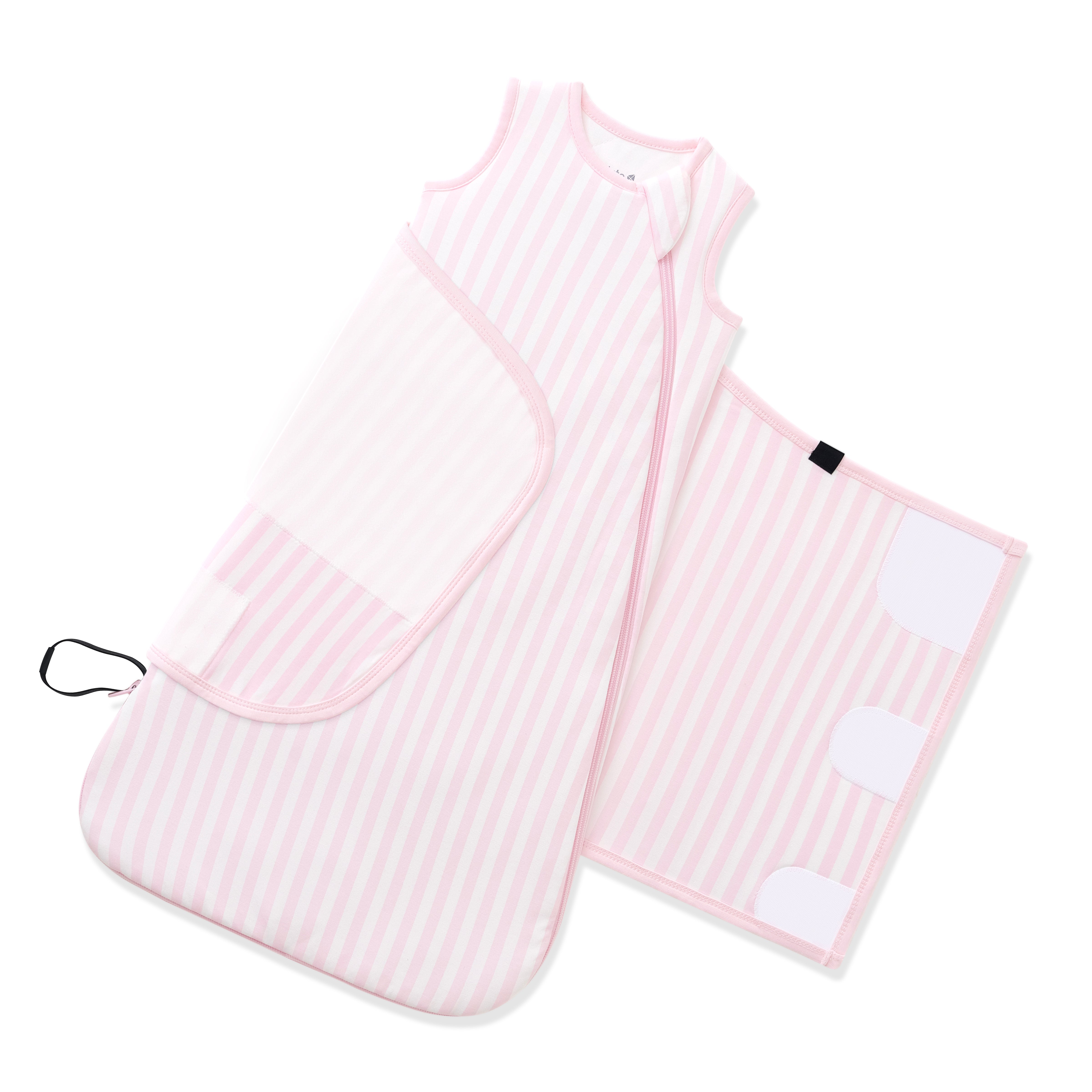 Sleep bag and adjustable velcro wrap shown on an unswaddled Sleep Bag Swaddler in Small Sakura Stripe 1.0