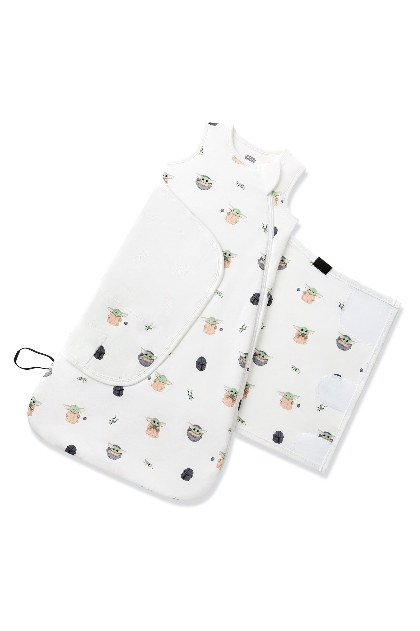 Adjustable velcro wrap shown on the Sleep Bag Swaddler in Grogu™ 1.0
