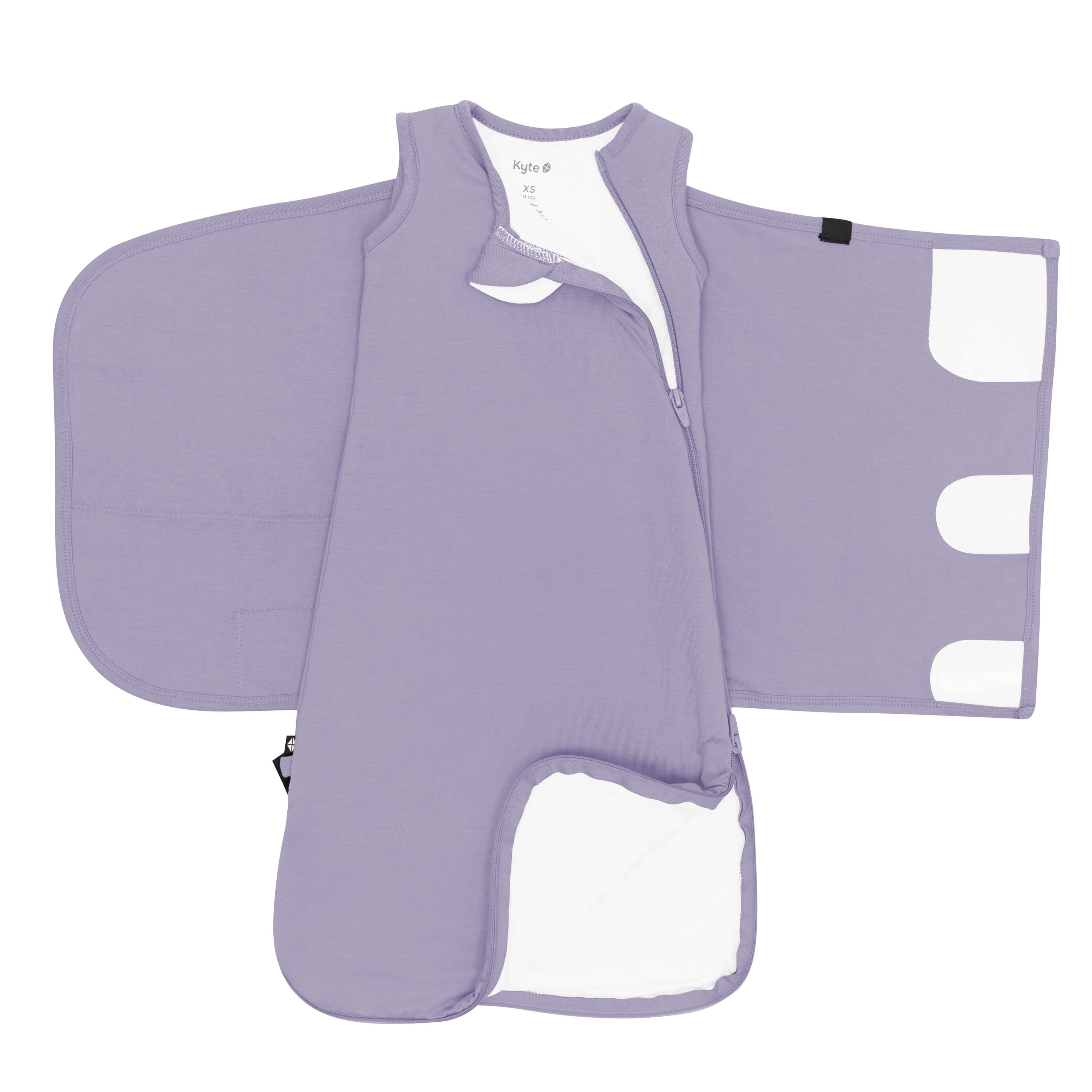 Zipper garage, double zipper and adjustable velcro swaddle wrap shown on an unswaddled Sleep Bag Swaddler in Taro 1.0