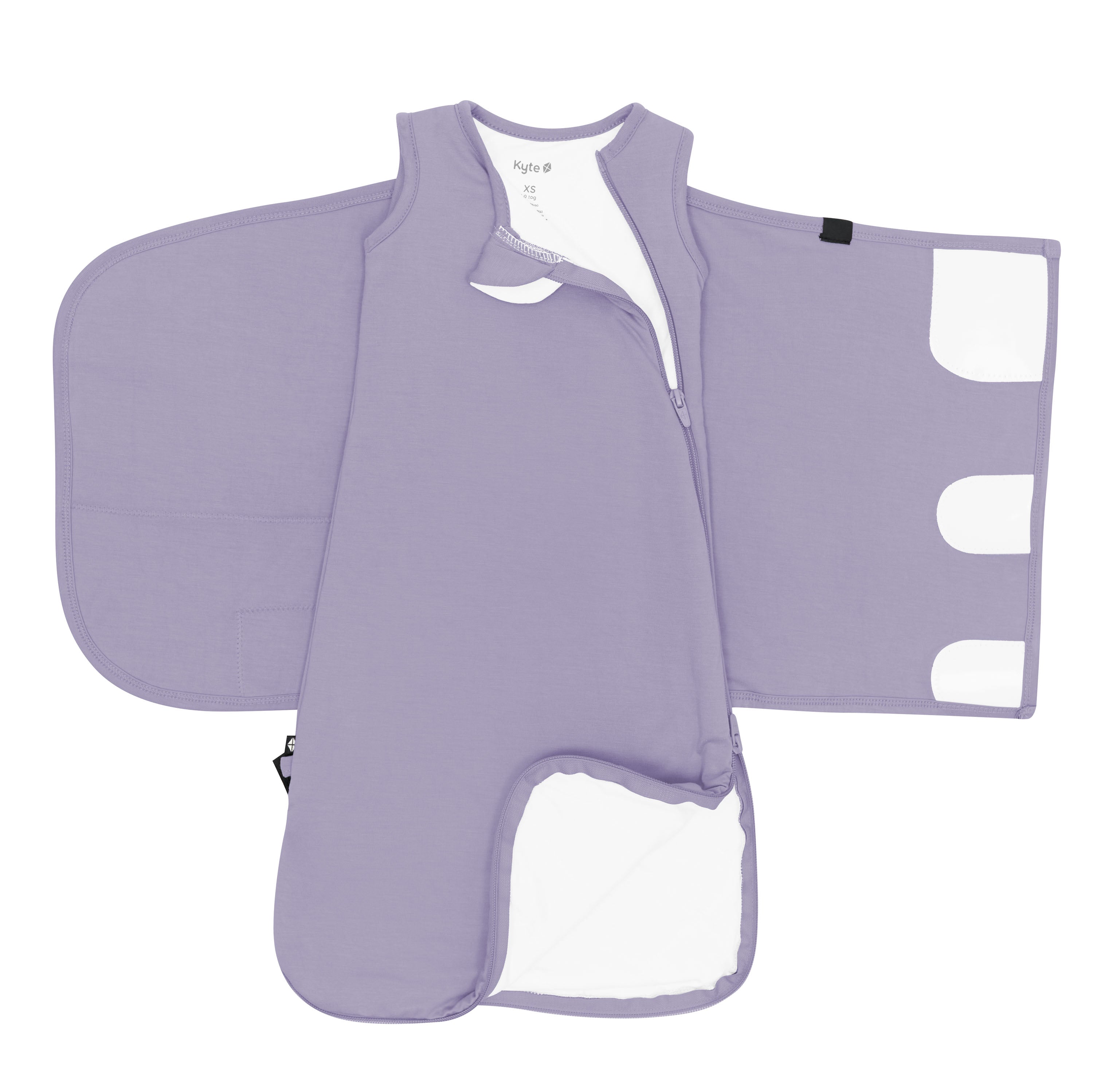 Zipper garage, double zipper and adjustable velcro swaddle wrap shown on an unswaddled Sleep Bag Swaddler in Taro 1.0