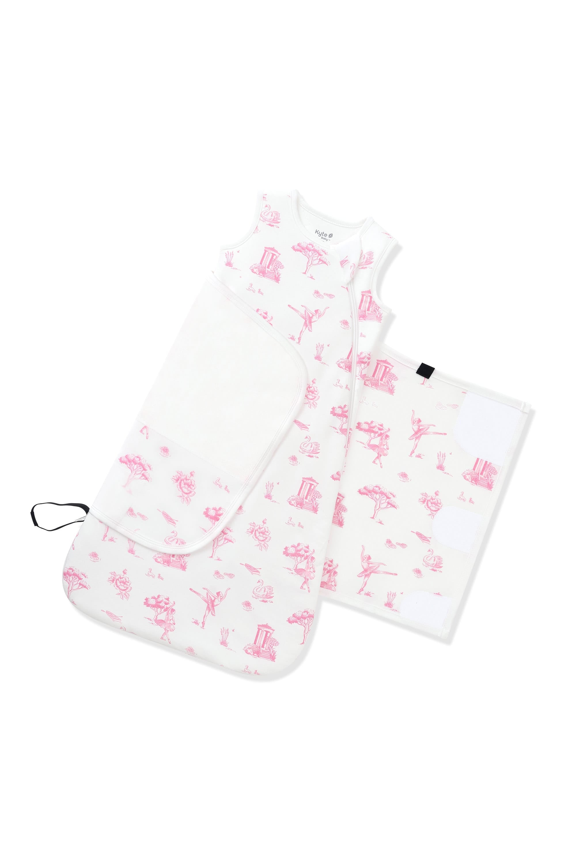 The adjustable velcro on the swaddle wrap shown on the Sleep Bag Swaddler in Toile Ballet 1.0