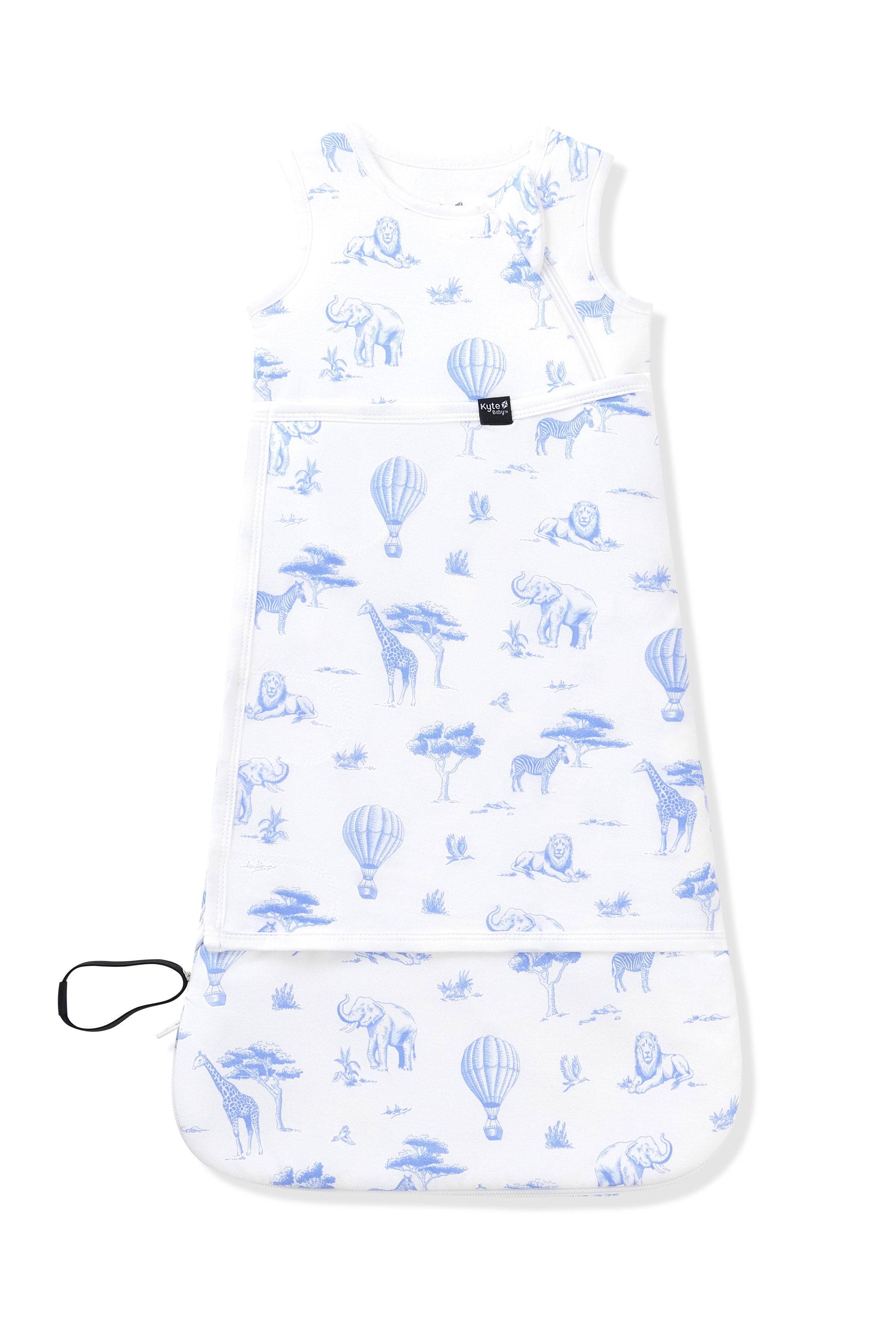 Sleep Bag Swaddler in Toile Safari 1.0 shown swaddled