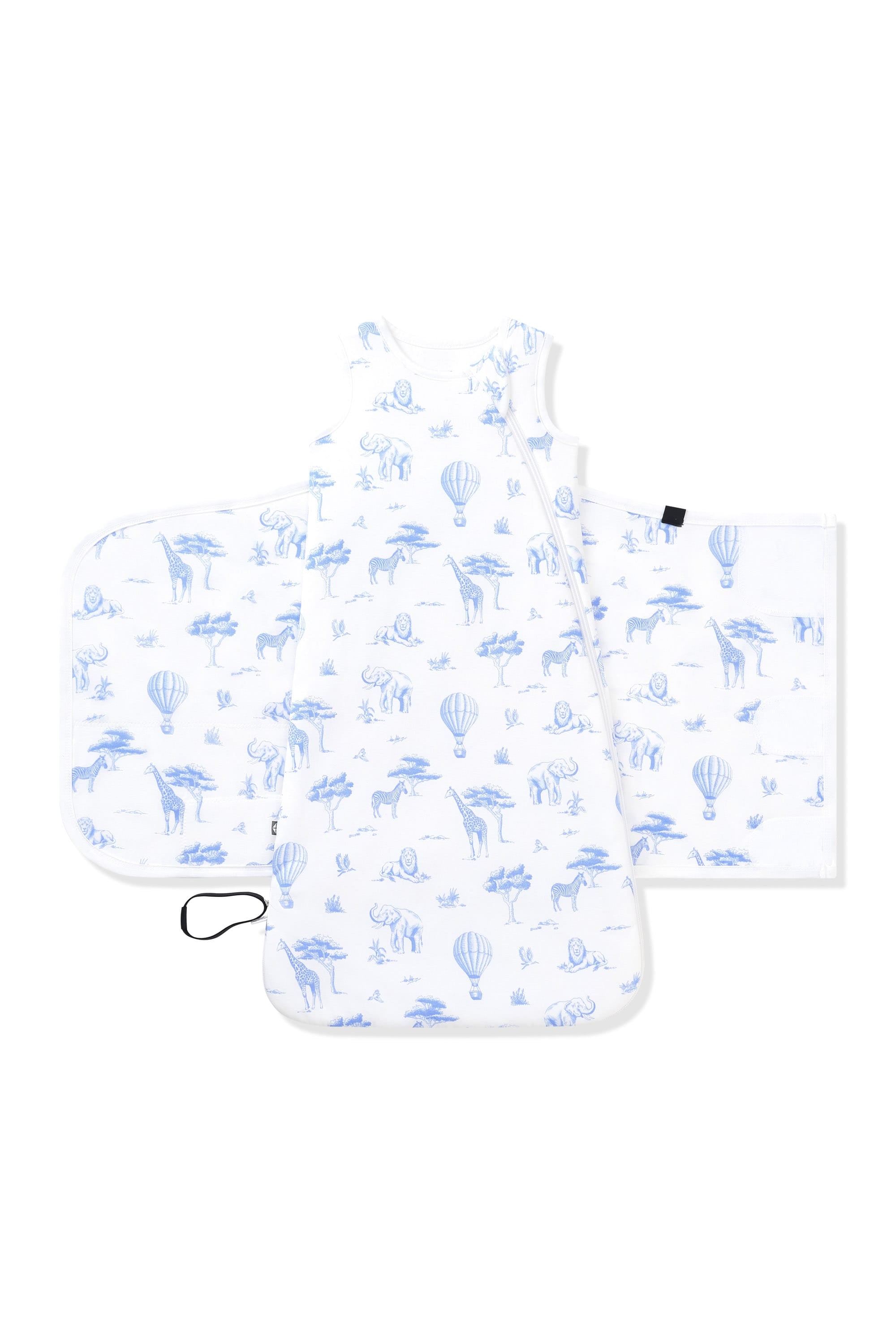 Sleep Bag Swaddler in Toile Safari 1.0 shown unswaddled