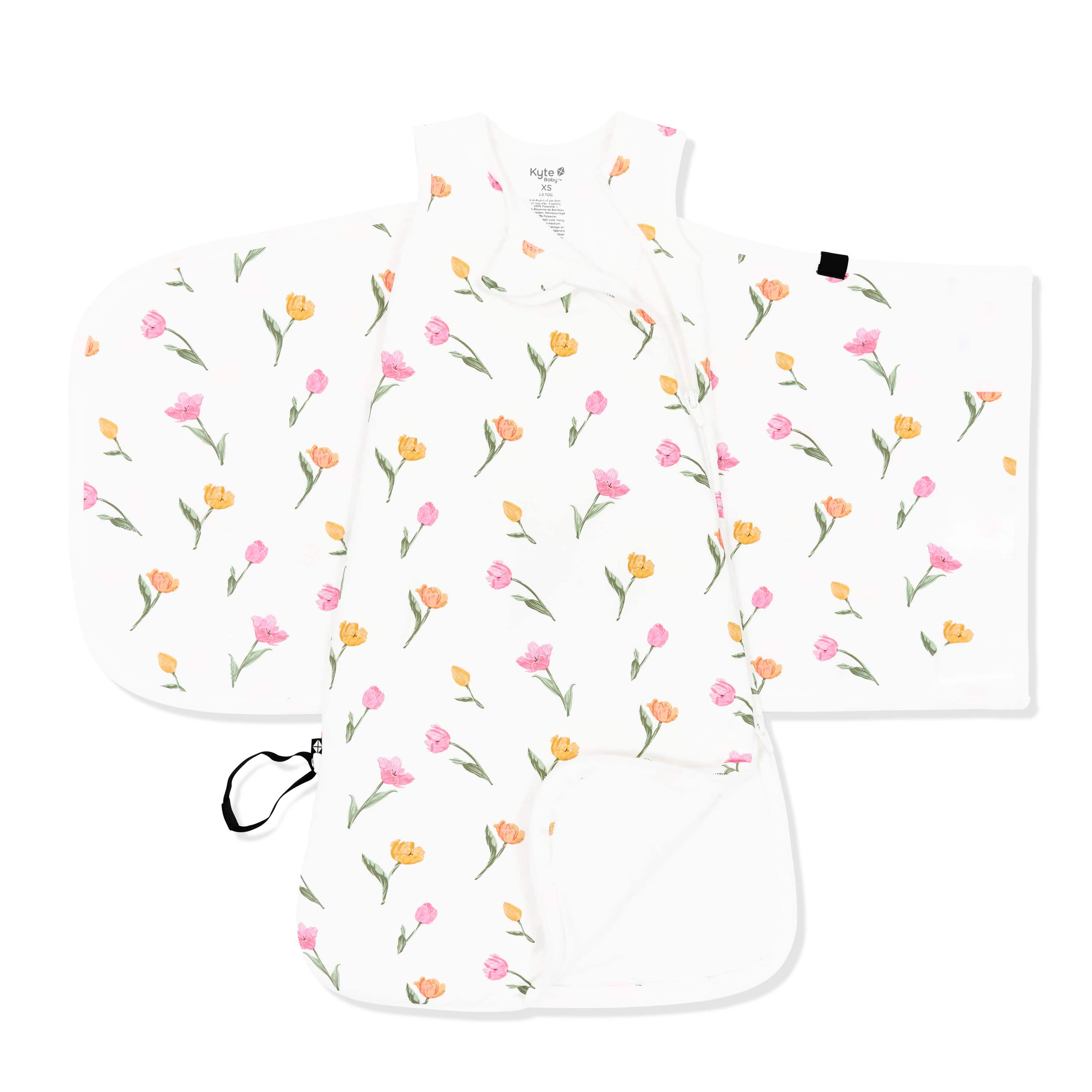 Double zipper shown on an unswaddled Sleep Bag Swaddler in Tulip 1.0