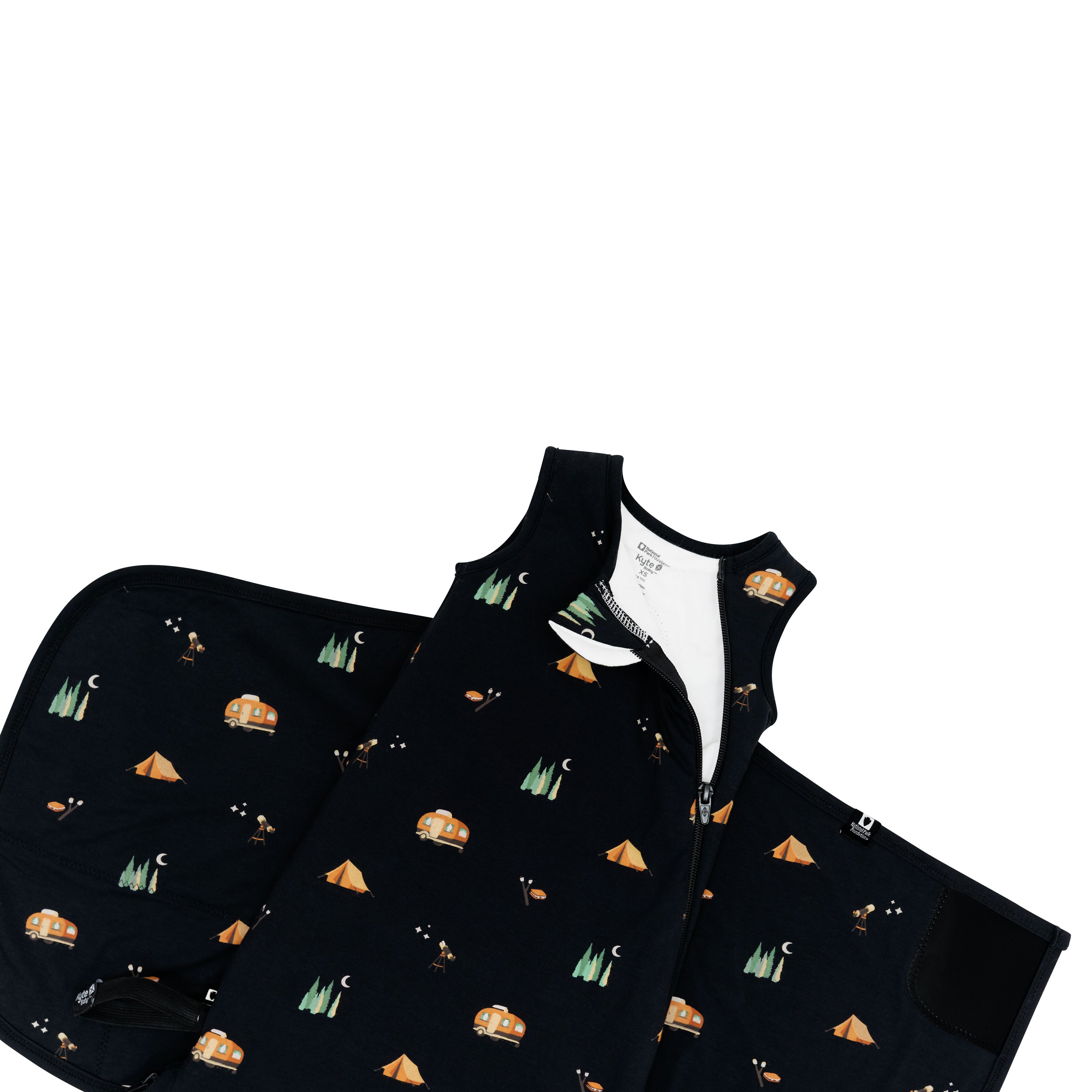 Zipper garage and top zipper unzipped shown on unswaddled Sleep Bag Swaddler in Under the Stars 1.0