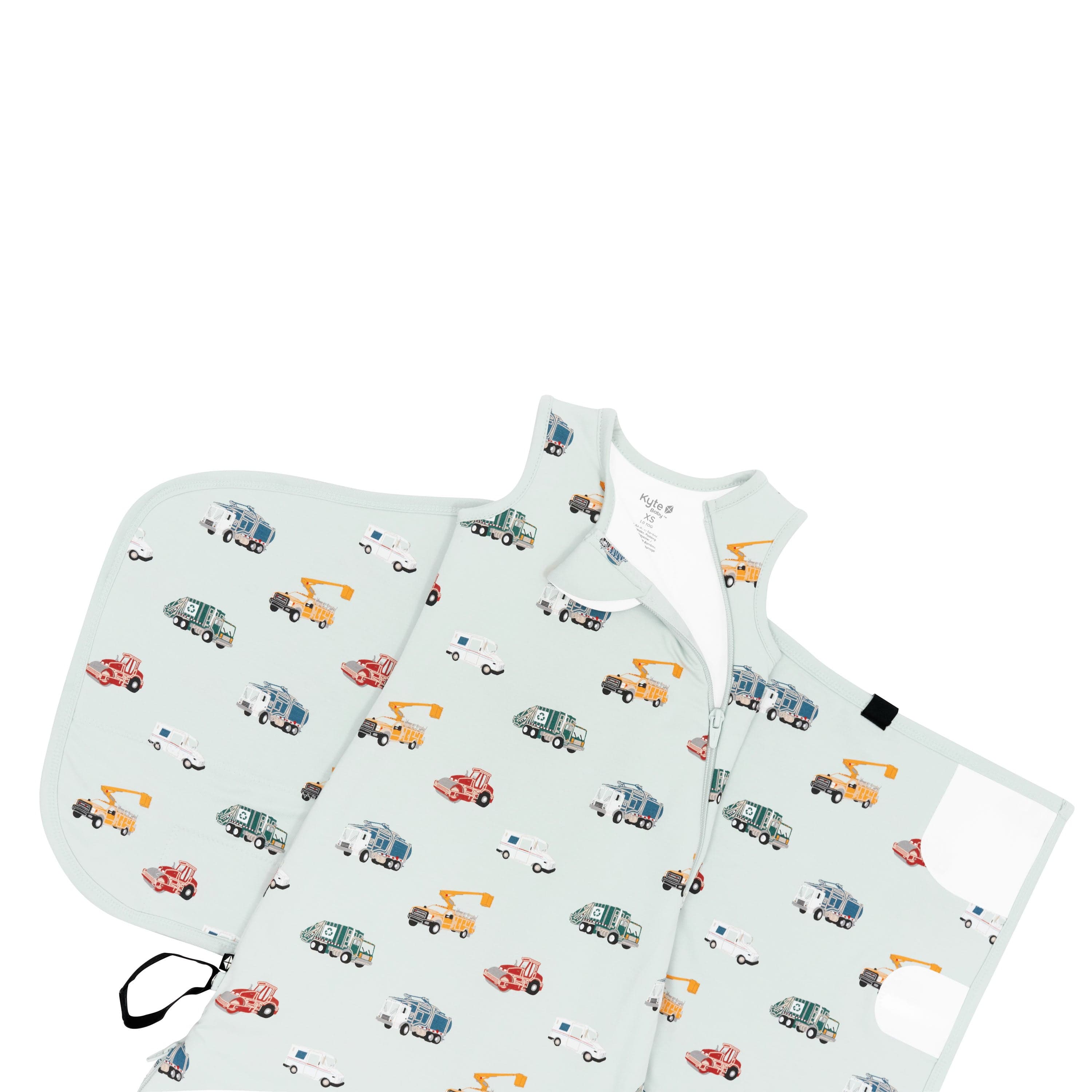 Close up of the zipper garage and top zipper on and unswaddled Sleep Bag Swaddler in City Vehicles 1.0