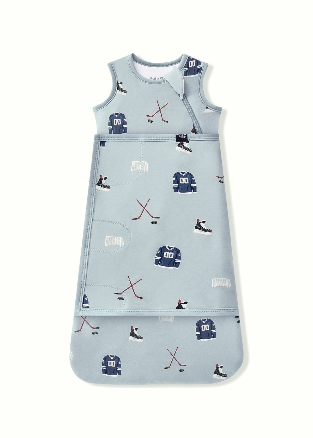 Sleep Bag Swaddler in Vintage Hockey 1.0 print on a white background