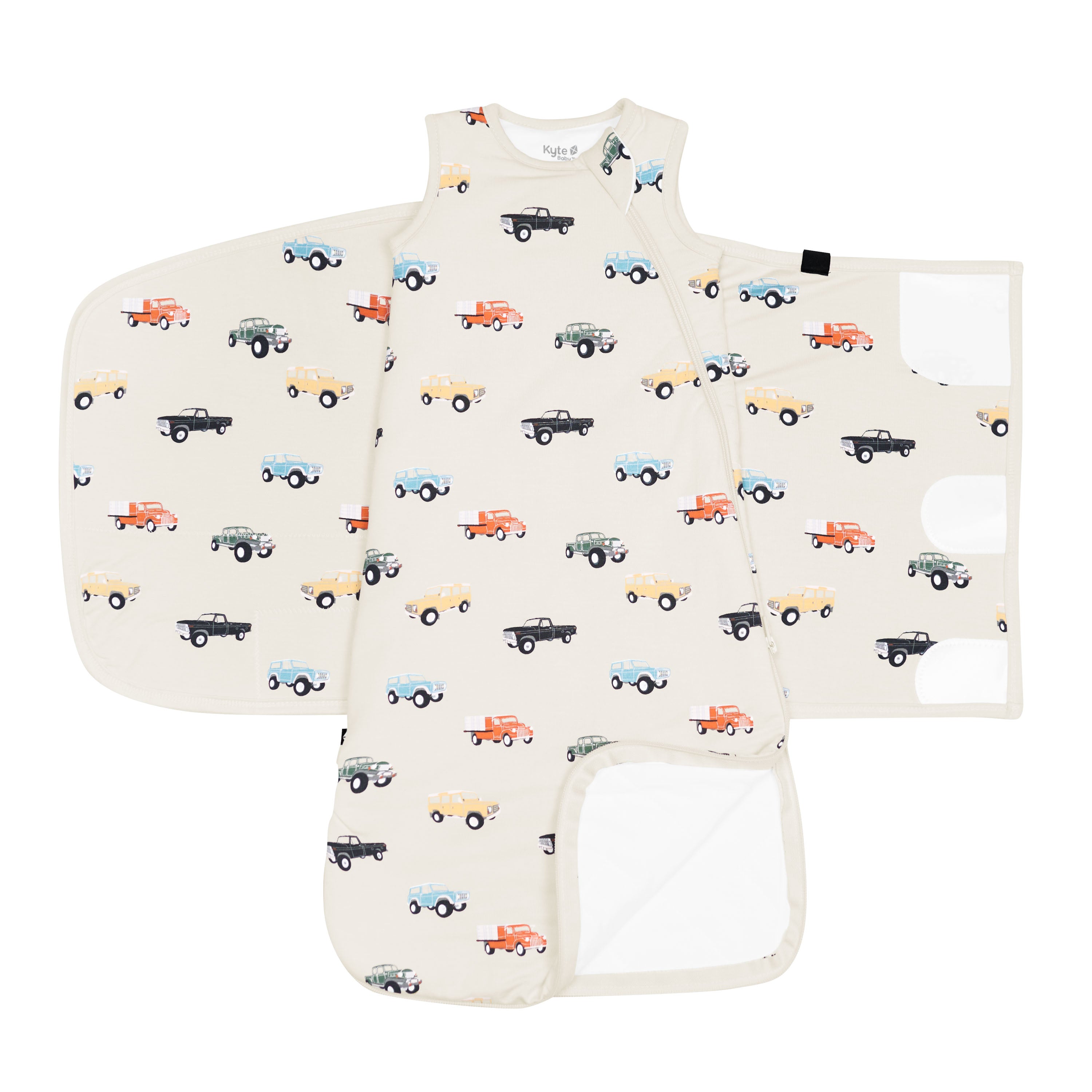 Velcro Adjustment and Double Zipper on Sleep Bag Swaddler in Vintage Truck 1.0