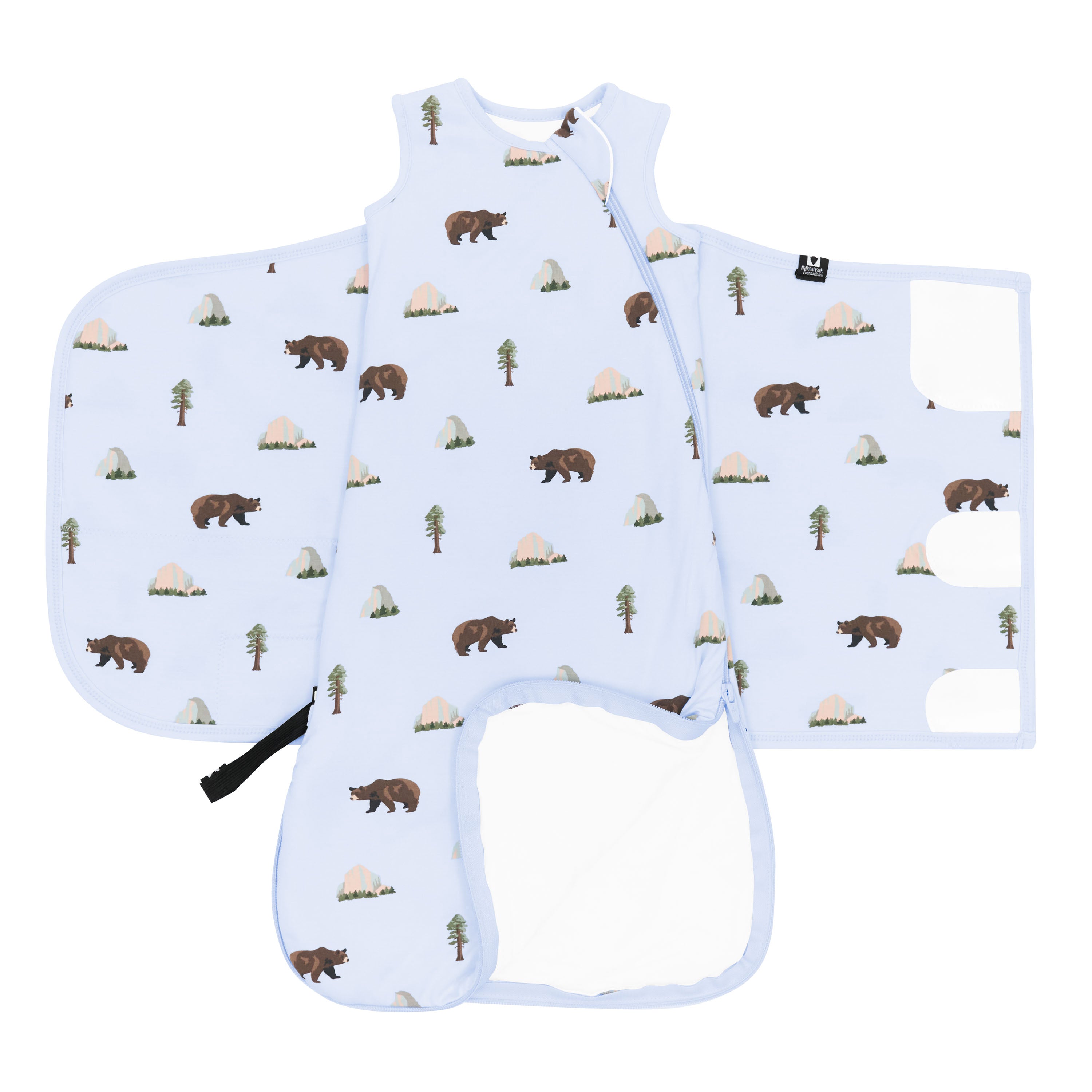 Sleep Bag Swaddler in Yosemite 1.0 shown unswaddled and unzipped at the bottom