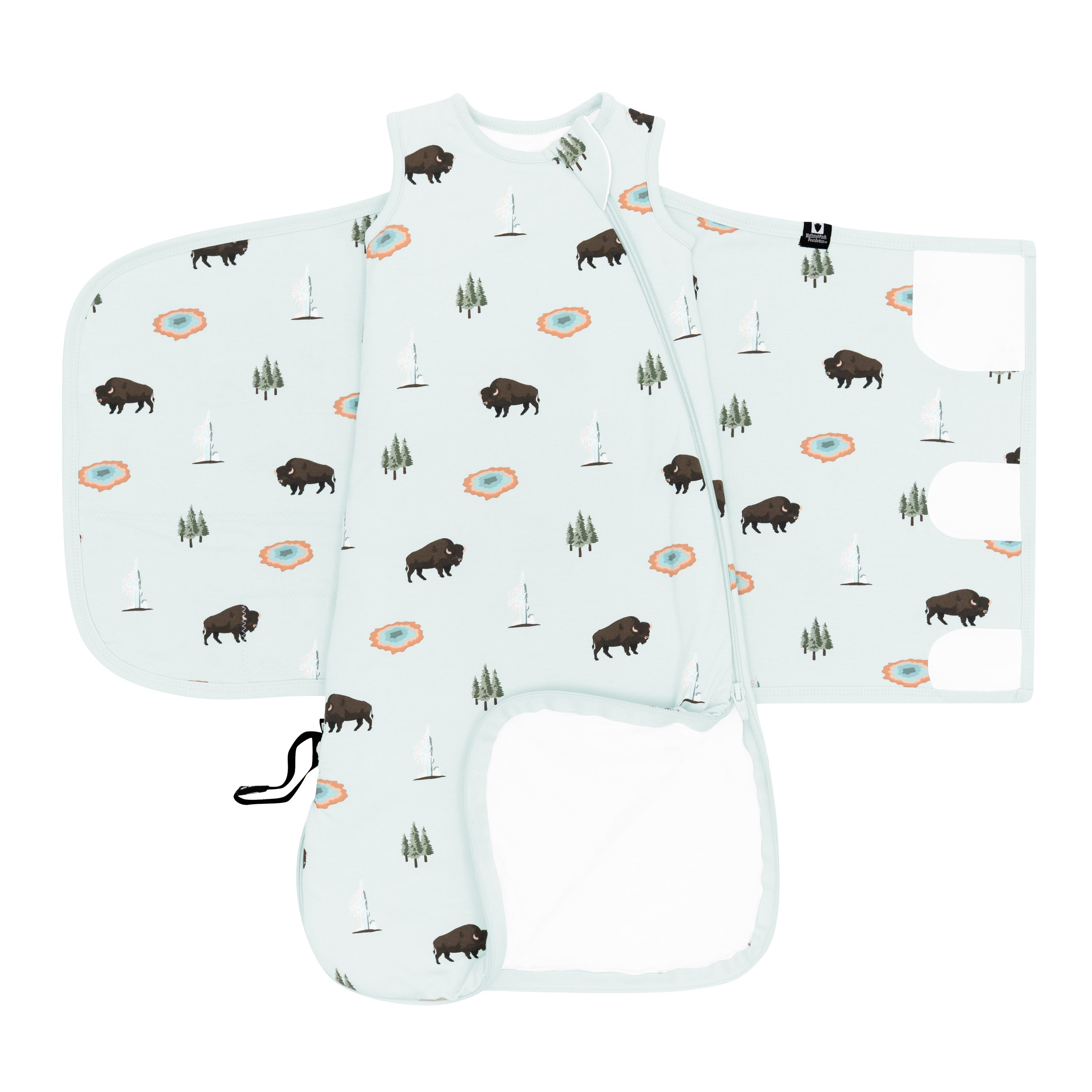 Sleep Bag Swaddler in Yellowstone 1.0 shown unswaddled and unzipped at the bottom