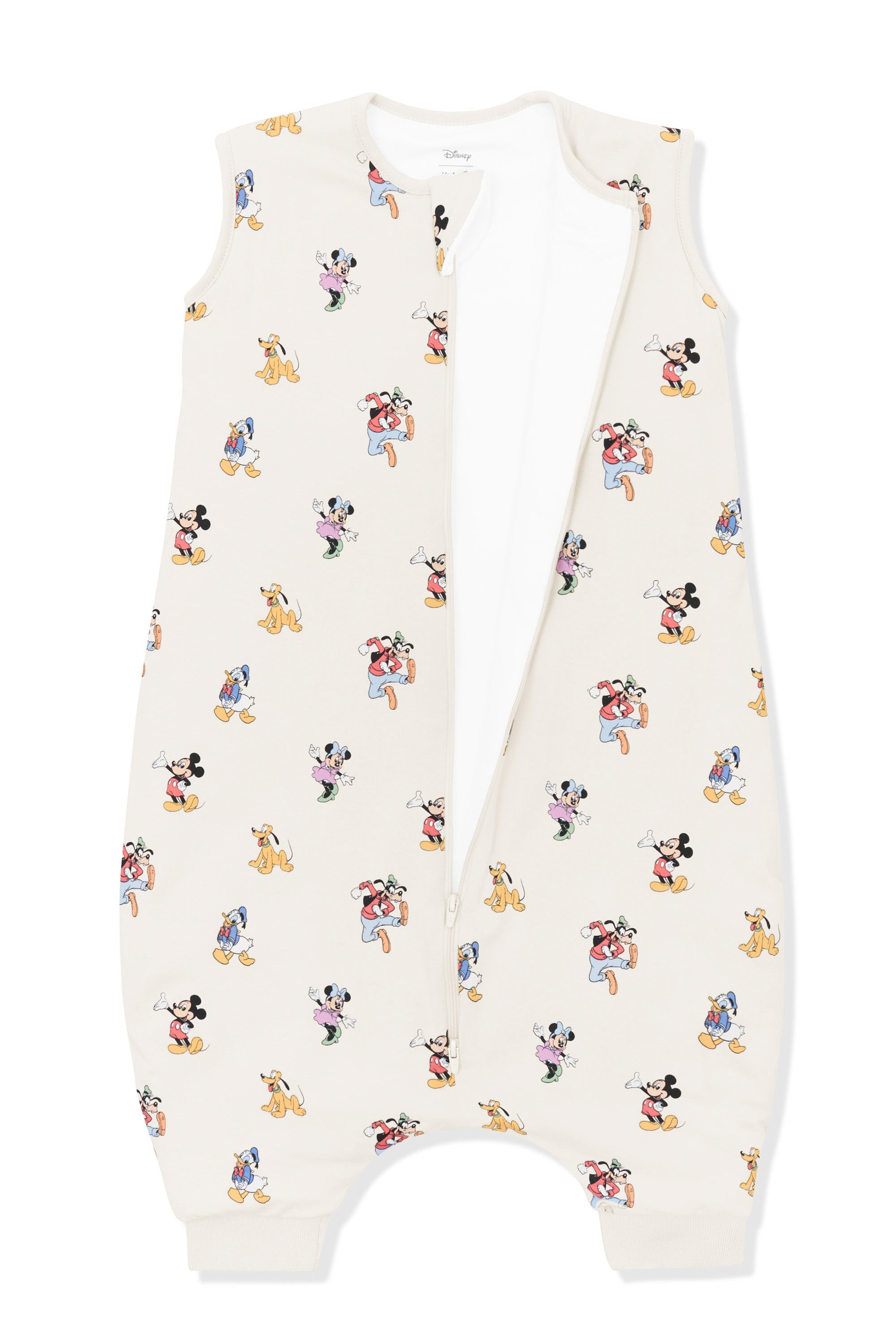 Front zipper of Sleep Bag Walker in Mickey Mouse and Friends print on an oat background