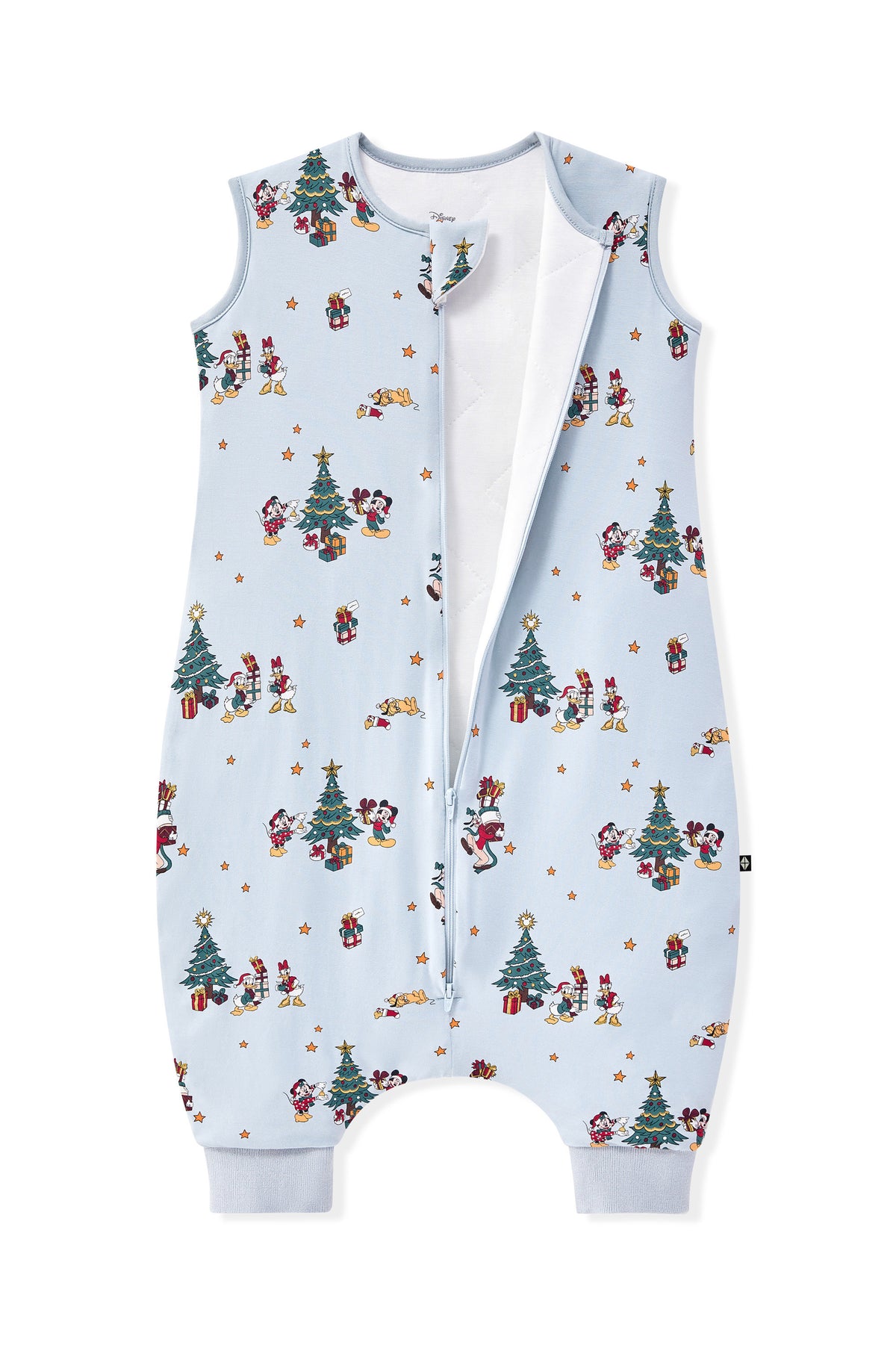 Sleep Bag Walker in Mickey & Friends Christmas 1.0 print with open zipper on a white background