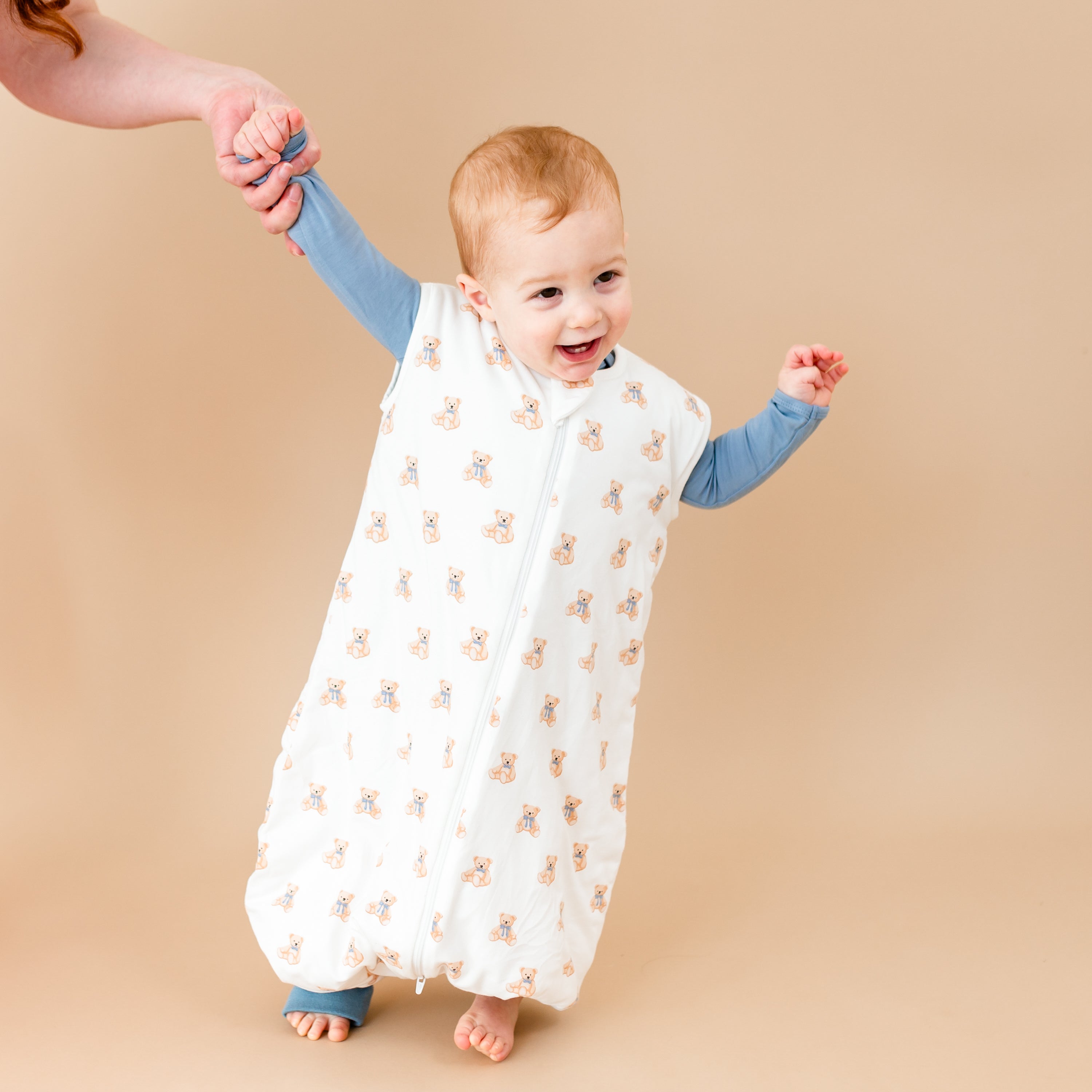 Young toddler modeling Sleep Bag Walker in Teddy Bear 1.0 standing up