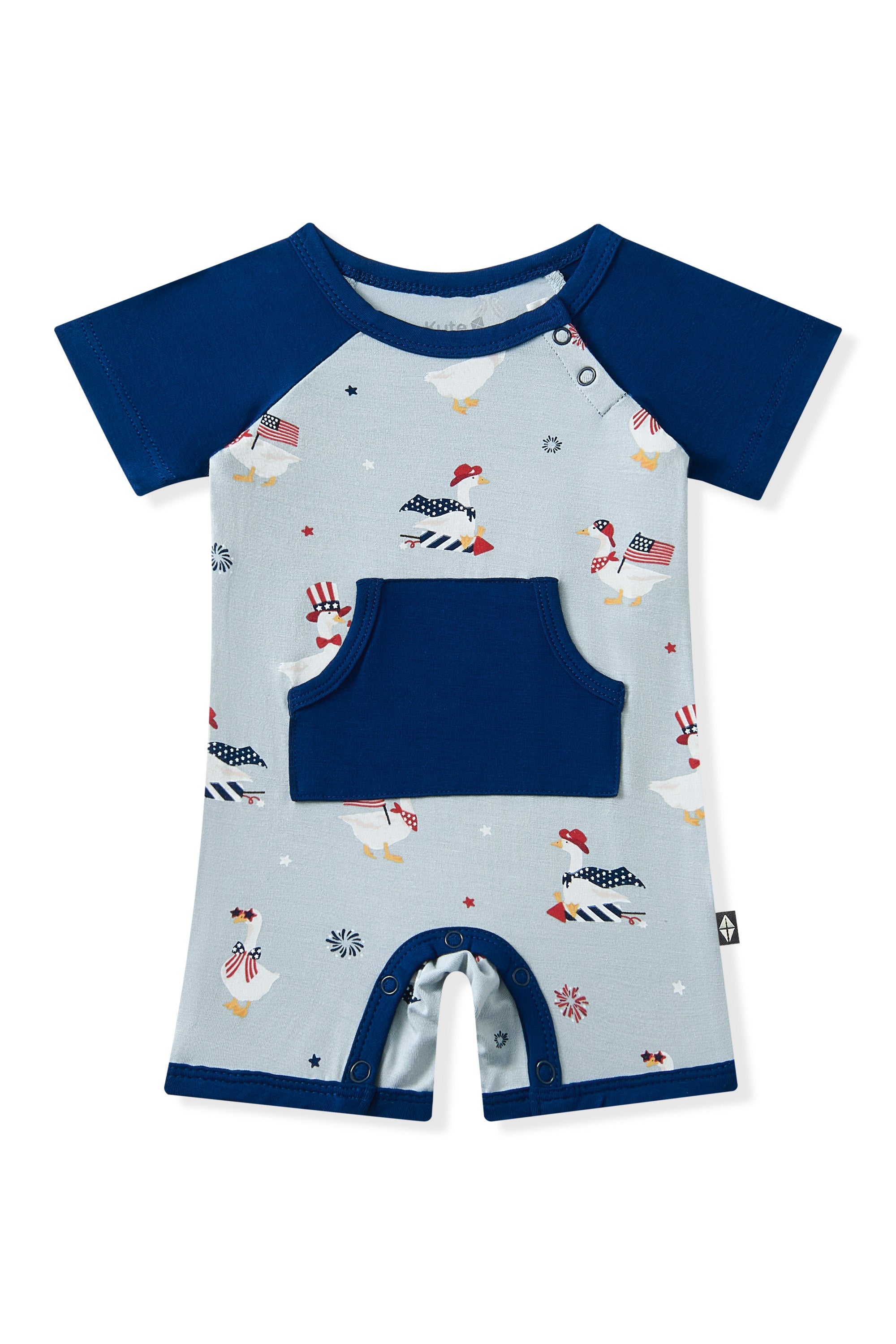 Light blue Shortall in Patriotic Goose print with a navy trim on a white background