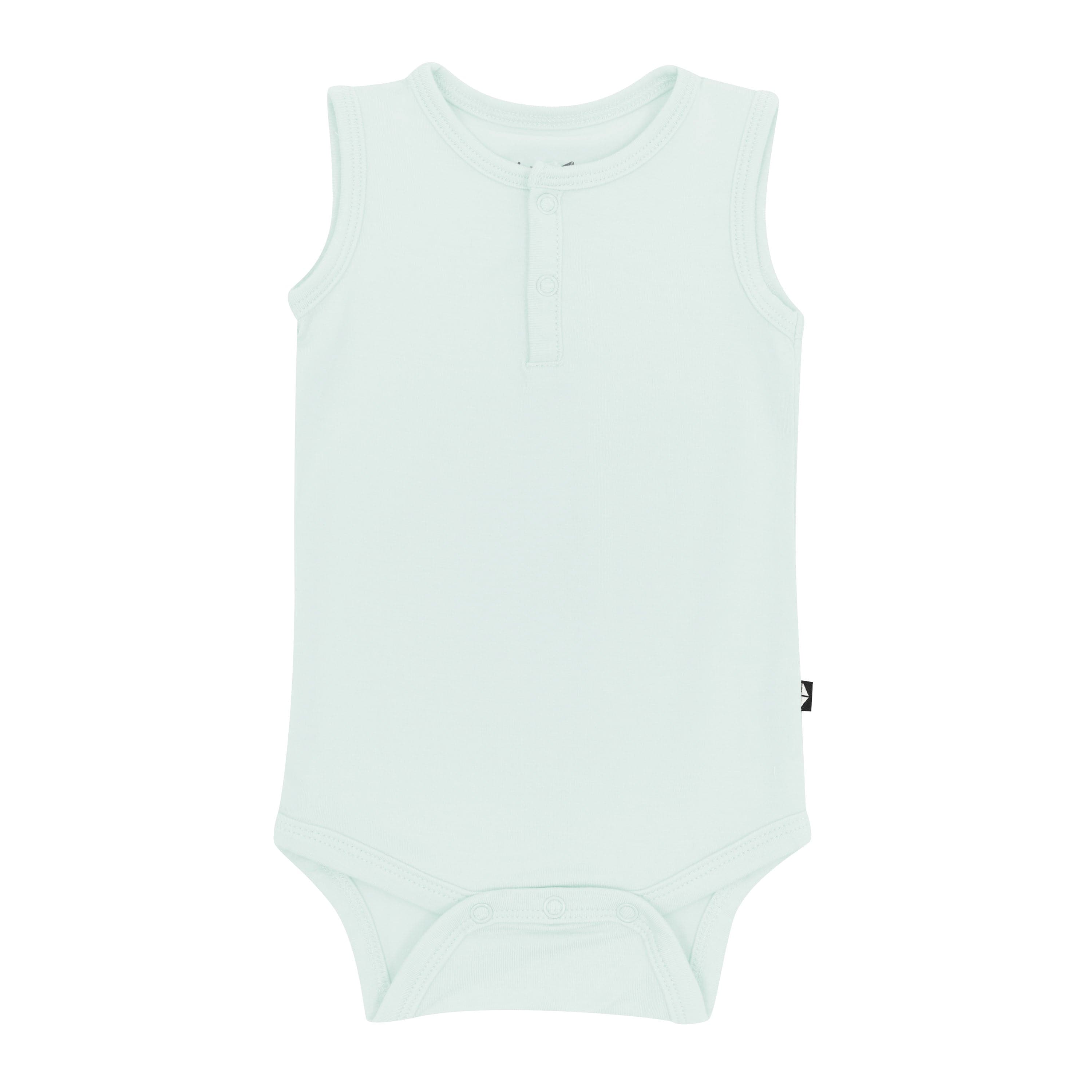 The front of the Sleeveless Bodysuit in Dew showing the snap closures