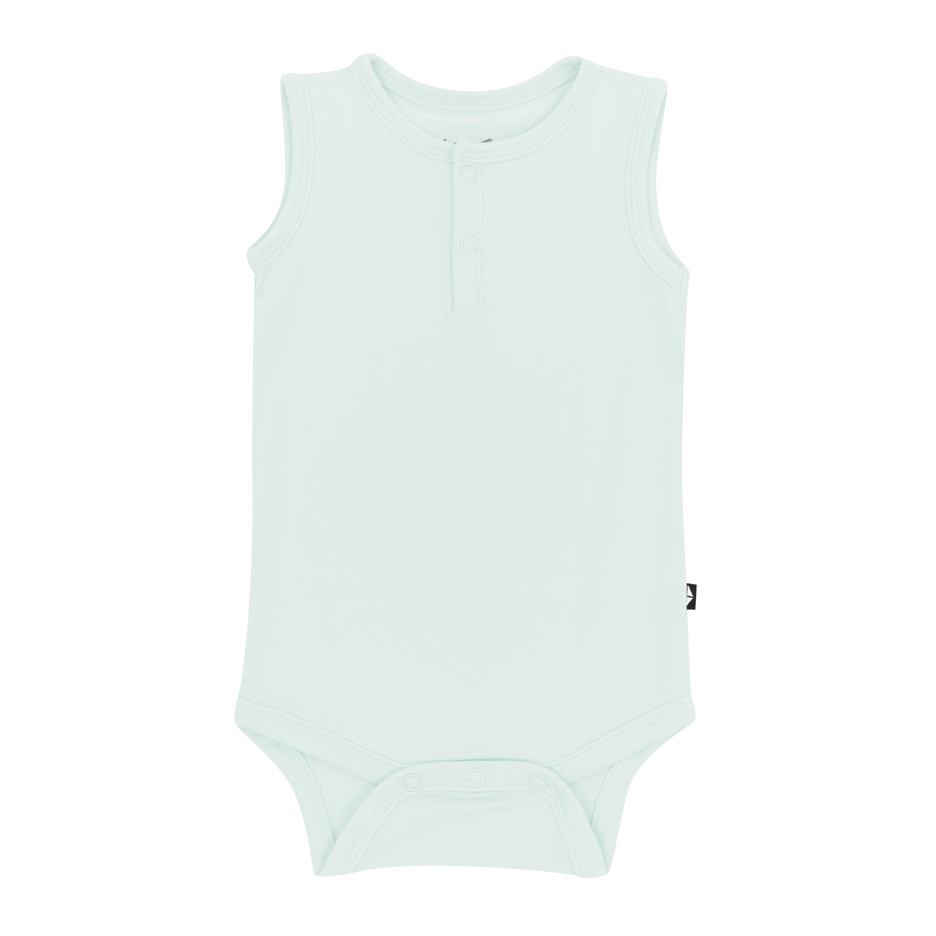 The front of the Sleeveless Bodysuit in Dew showing the snap closures