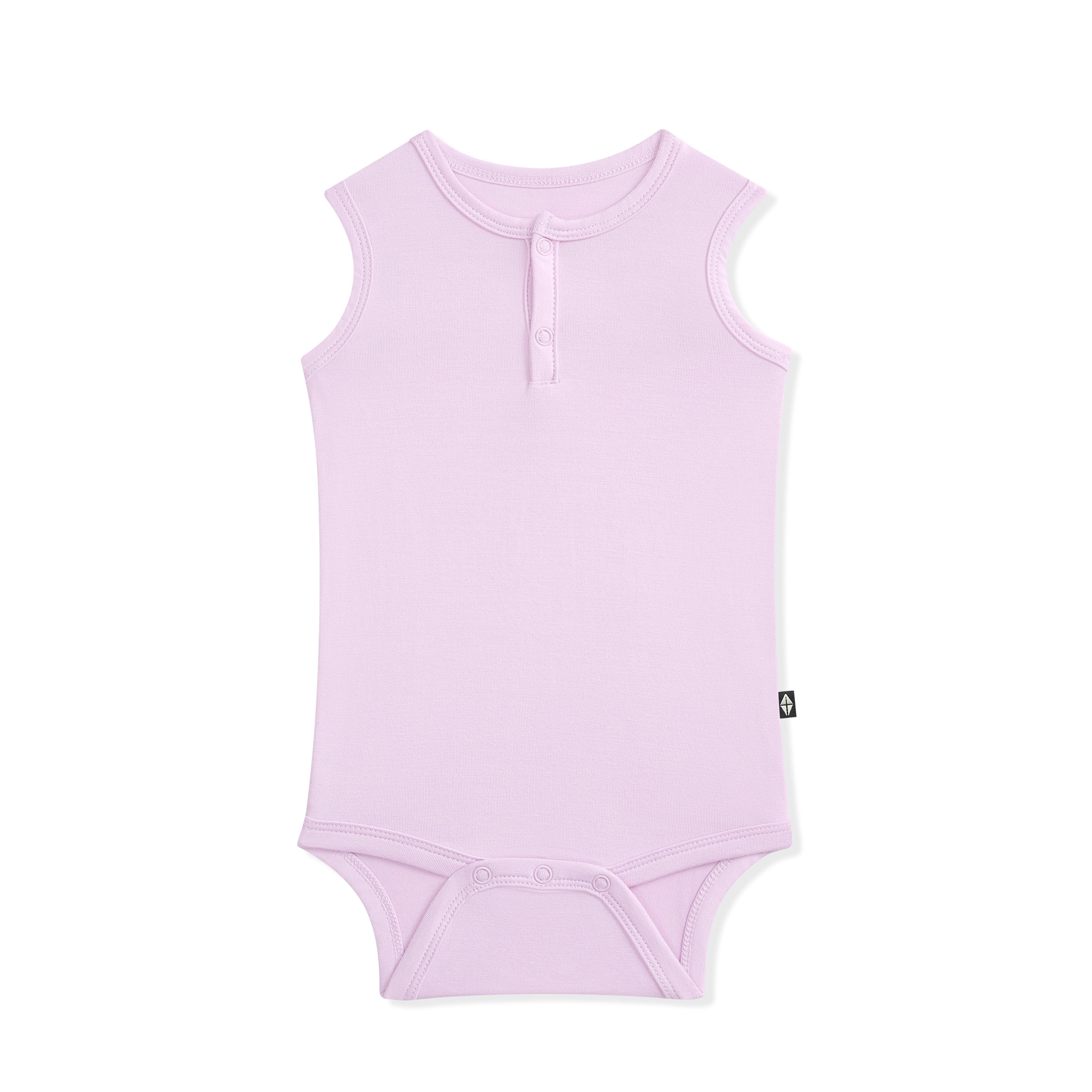 Lavender sleeveless baby bodysuit on a white background