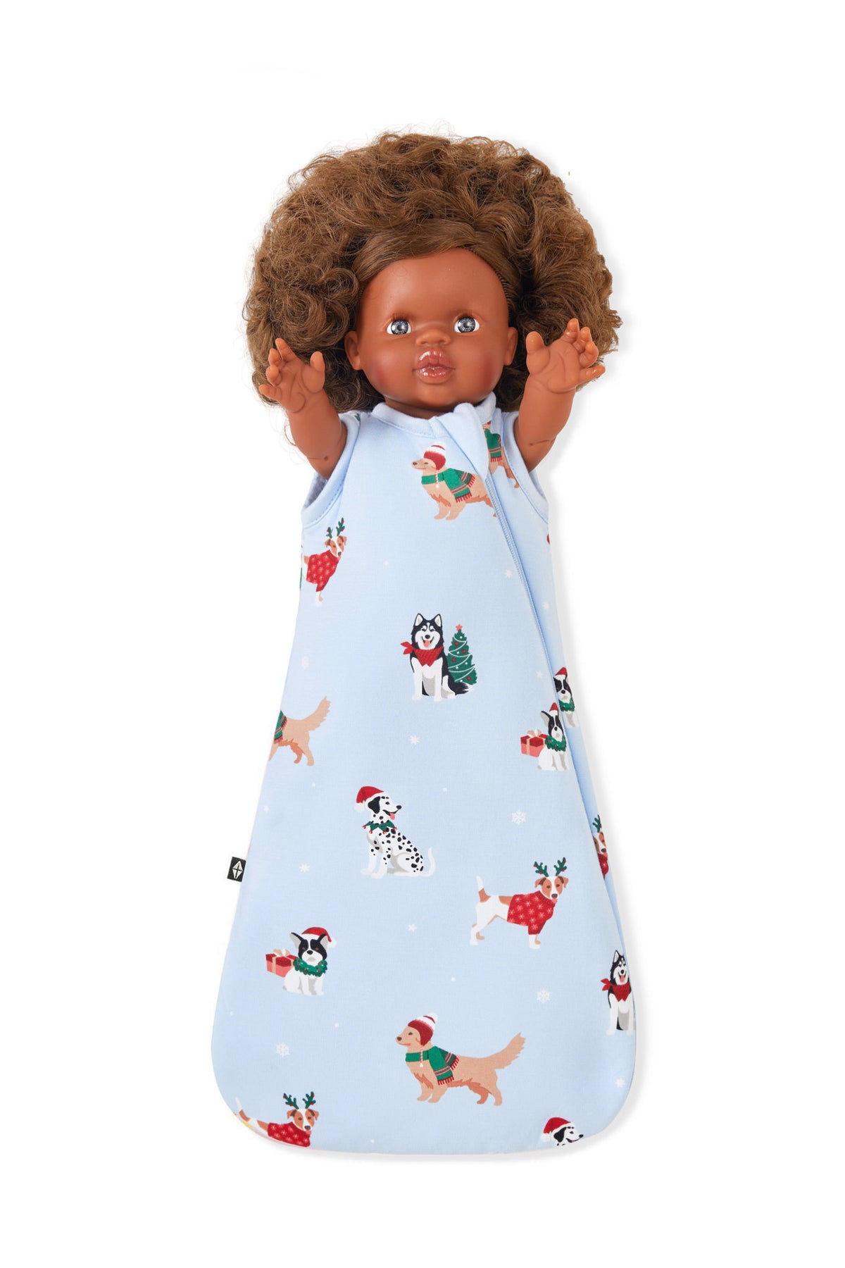 Blue Baby Doll Sleep Bag in Holiday Pups print on a white background