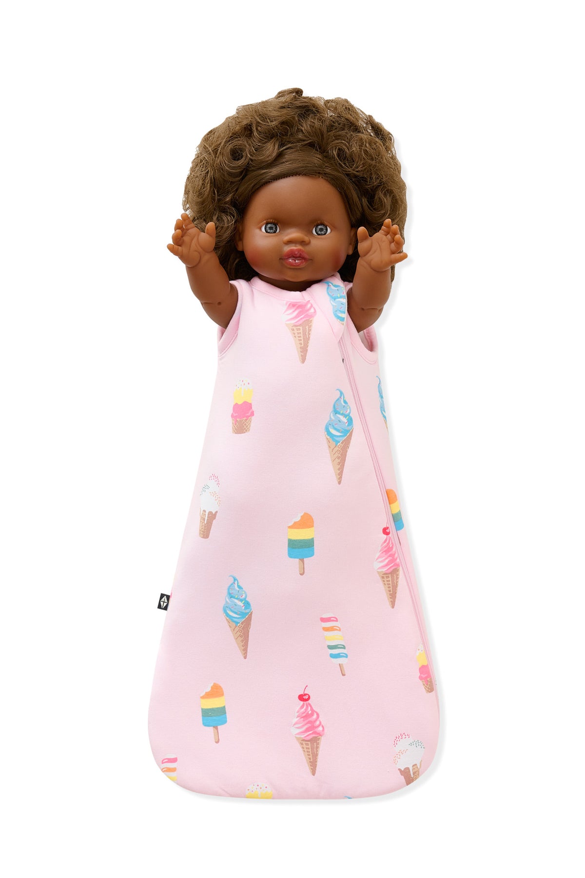 Doll wearing Pink Baby Doll Sleep Bag with Ice Cream print on white background