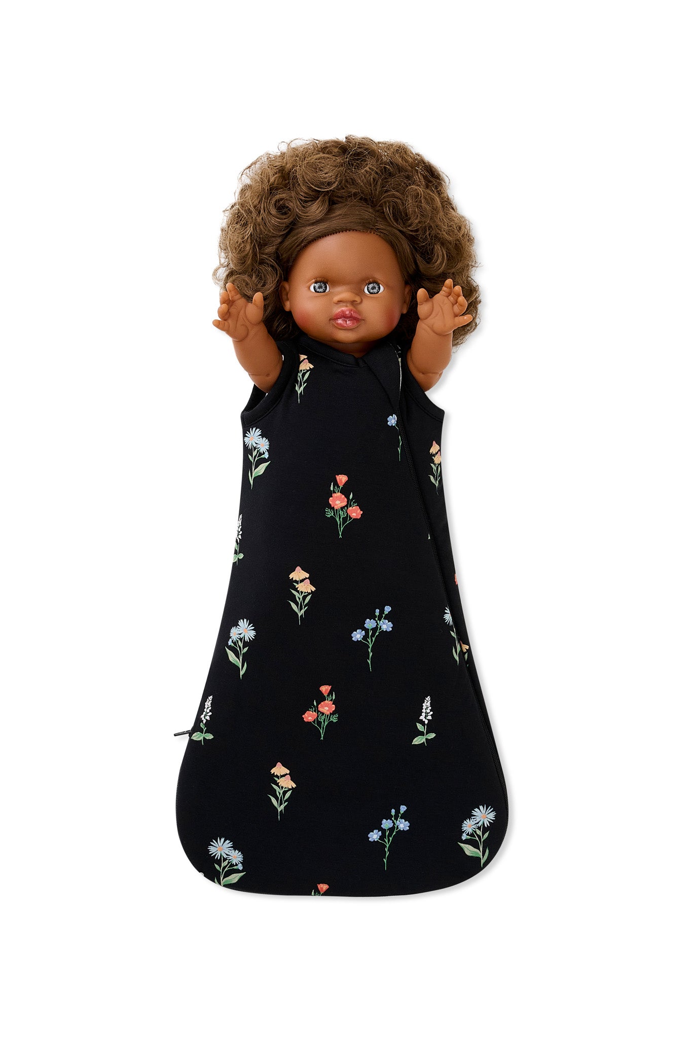 Black Baby Doll Sleep Bag in Wildflower print on a white background