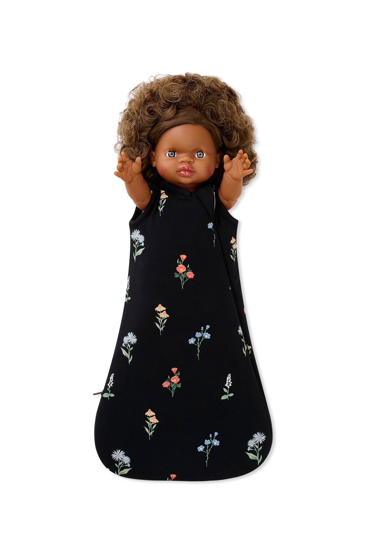Black Baby Doll Sleep Bag in Wildflower print on a white background