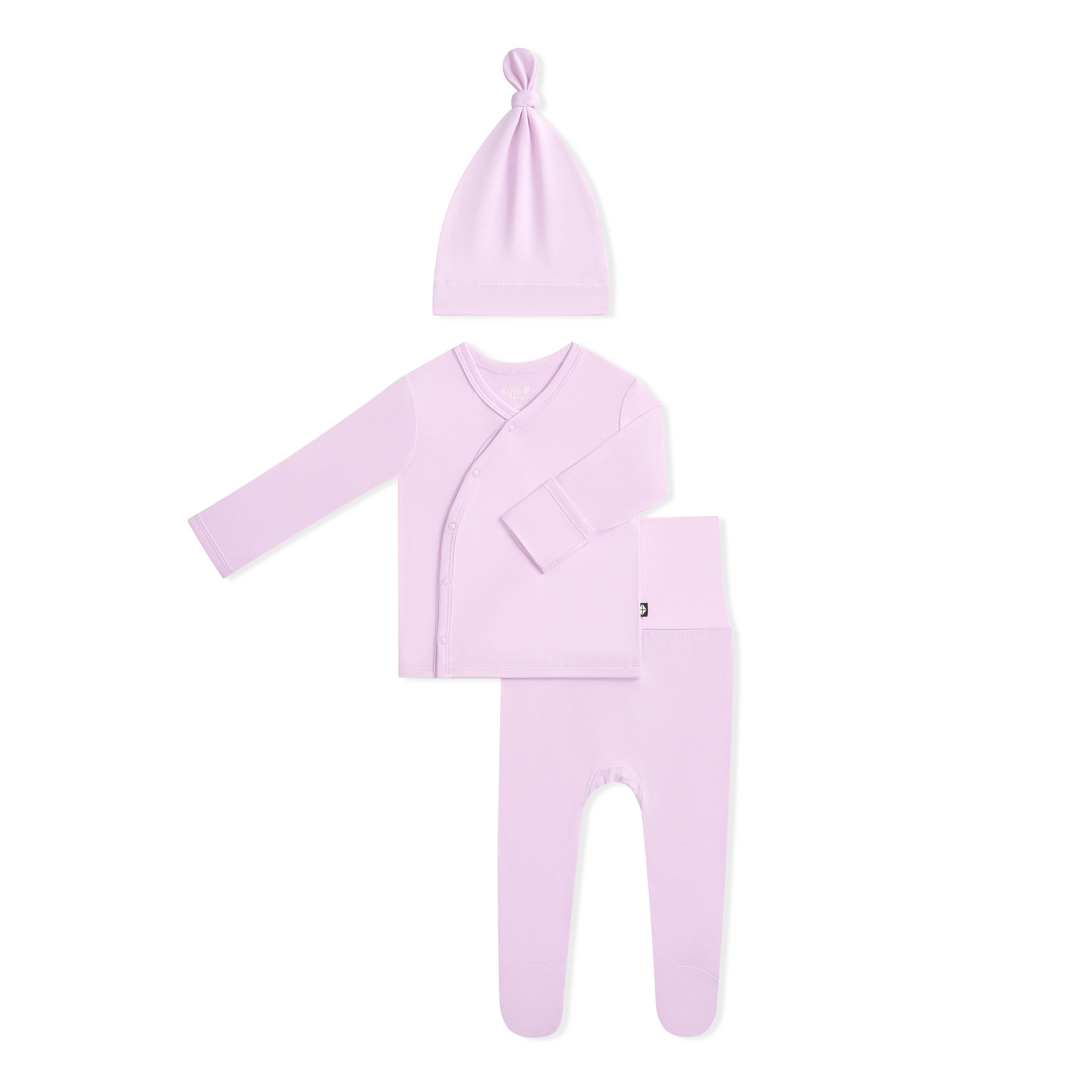 Purple baby outfit set with top, pants, and hat on a white background