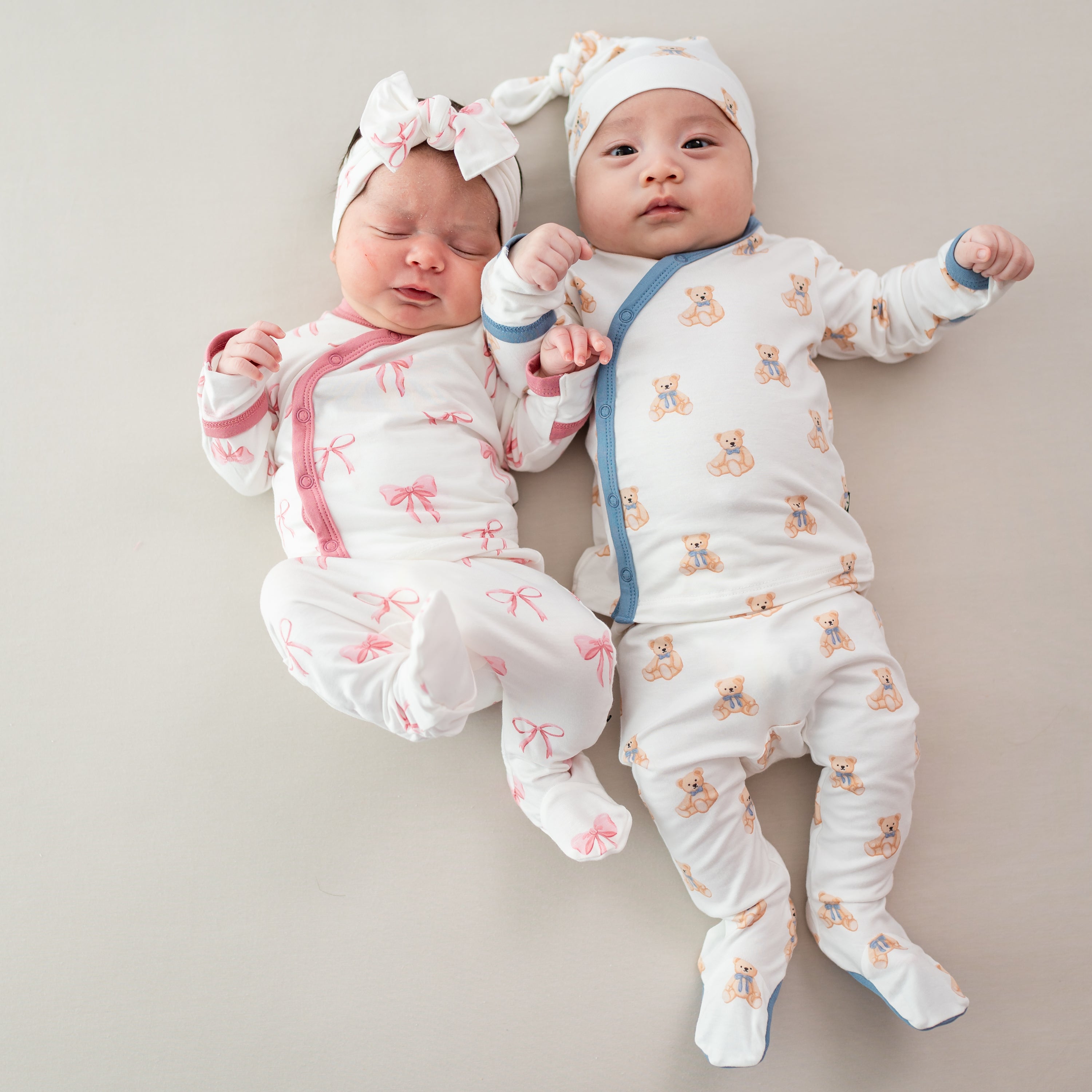 Babies wearing Newborn Take Me Home Sets in Bow and Teddy Bear Prints