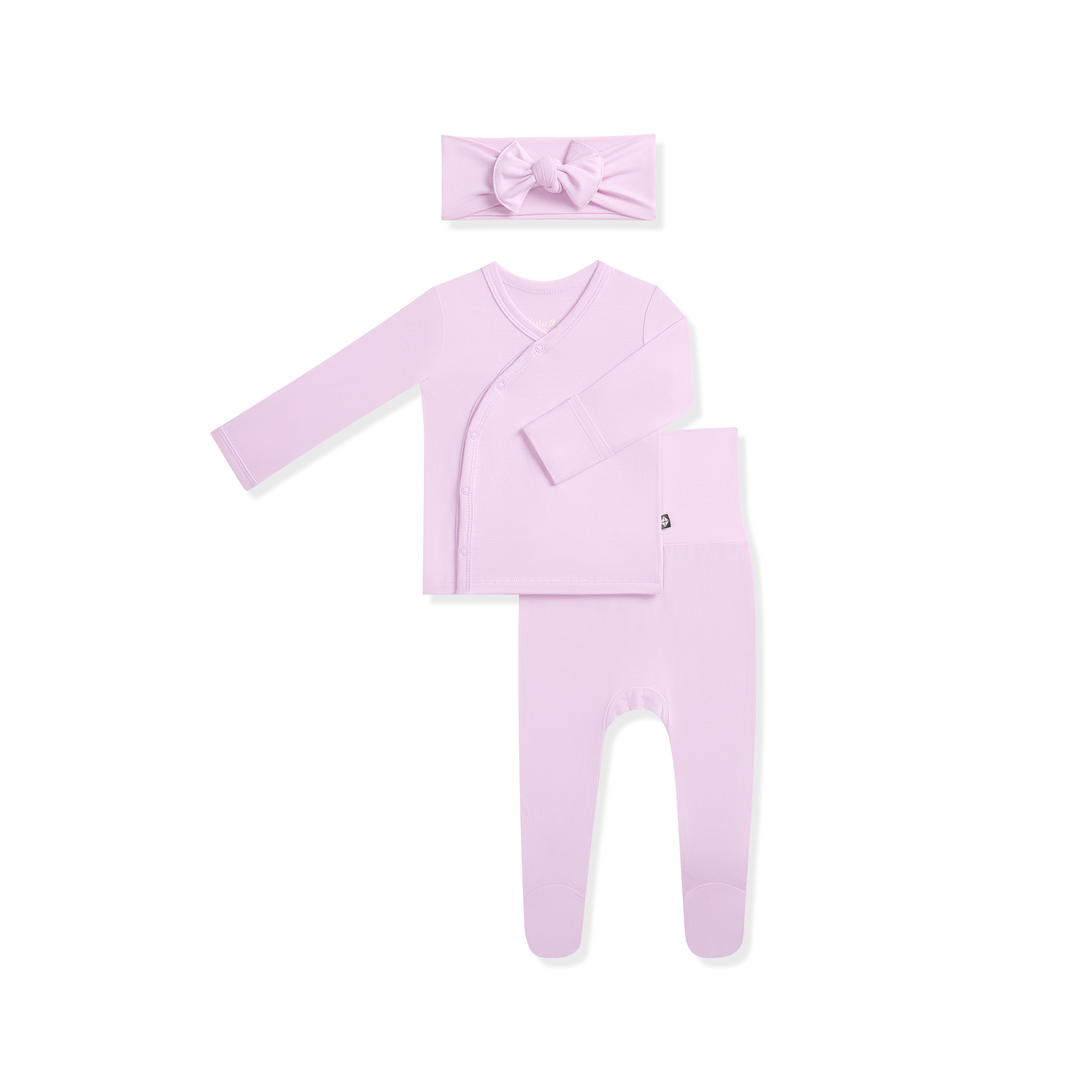 Purple baby clothing set with long-sleeve top, pants, and headband on a white background